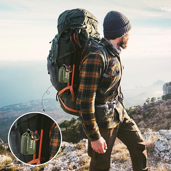 Esky Emergency Sleeping Bag, 2 Pack Portable Thermal Bivy Sack, Waterproof Lightweight Emergency Blanket Survival Gear with Compass and Whistle for Camping Hiking Outdoor Adventure
