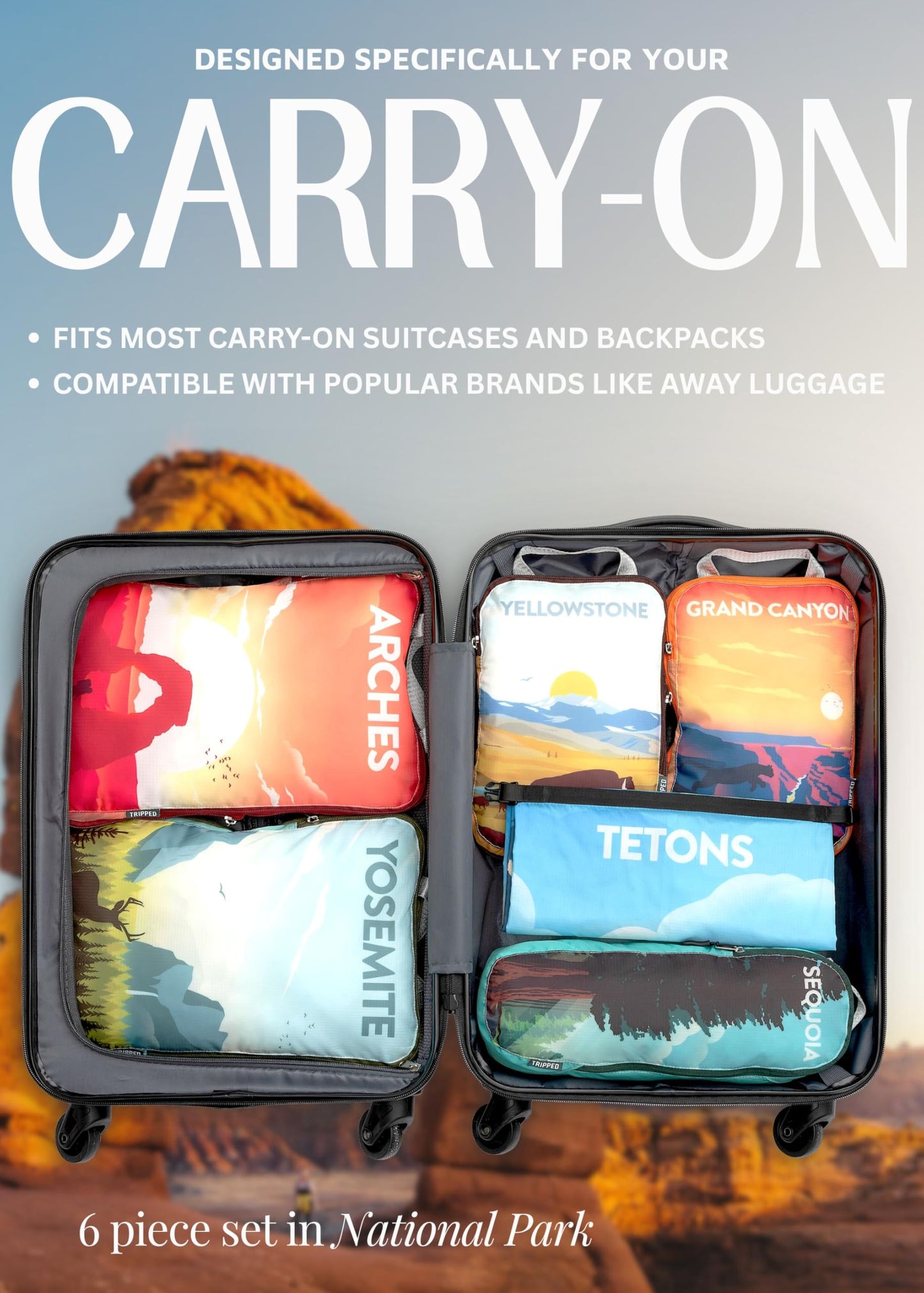 Compression Packing Cubes 6 Piece Set for Travel - Lightweight, Durable Clothes Organizer for Carry-On Luggage and Backpacks by TRIPPED Travel Gear (National Park)