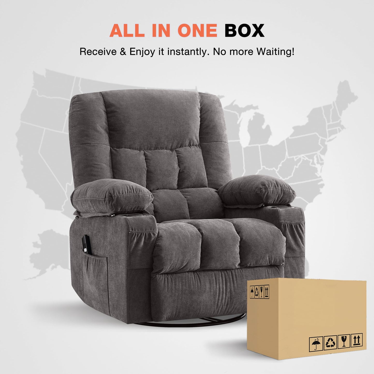 Power Swivel Recliner Chair with Rocking Function for Living Room, Oversized Rocker Recliner Single Sofa with Ergonomic, Side Pocket, Two Cup Holders and USB Charge Port for Adults