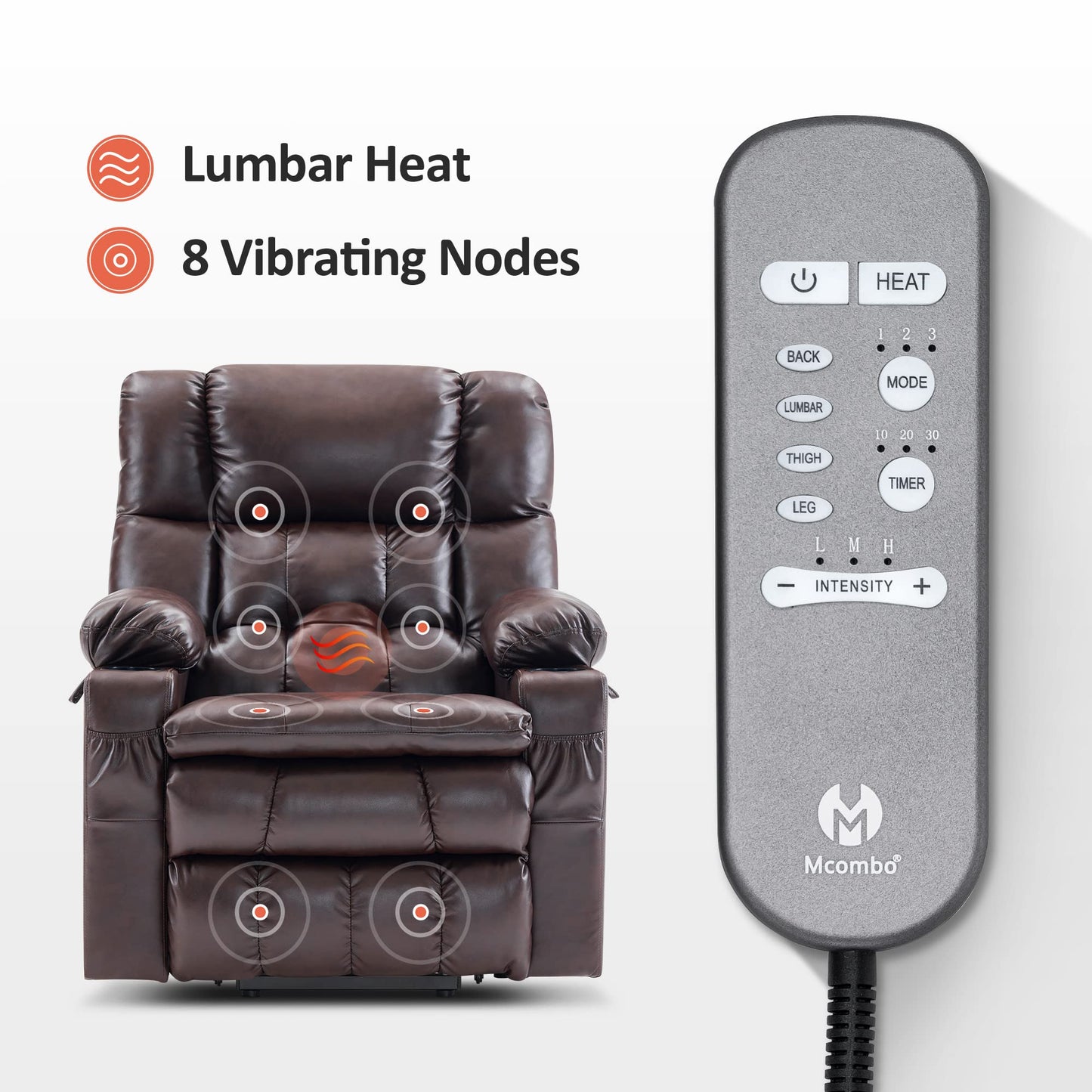 MCombo Dual Motor Power Lift Recliner Chair for Elderly, Lay Flat Lift Chair with Heat and Massage, Cup Holders, USB Ports, Faux Leather 7890 (Dark Brown, Medium)
