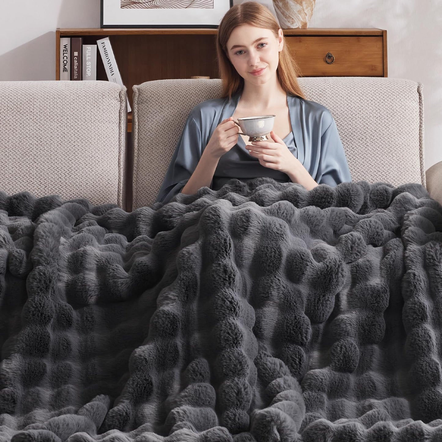 Anysay Heated Blanket Throw with 6 Hours Auto-Off 10 Heat Level, 62'' * 84'' Cozy Faux Rabbit Fur Bubble Electric Throw with Overheat Protection, Soft Fast Heating Blanket with ETL (Dark Grey)