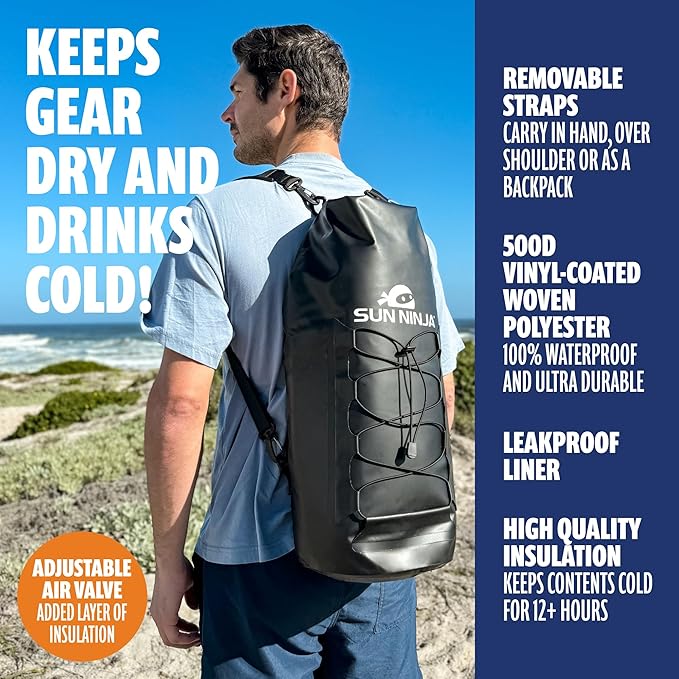 Sun Ninja Floating Dry Bag Cooler – Roll Top Leak Proof Closure, Collapsible, Waterproof Outdoor Cooler with Padded Shoulder Strap - Perfect for Kayaking, Fishing, Beach, Hiking -20L
