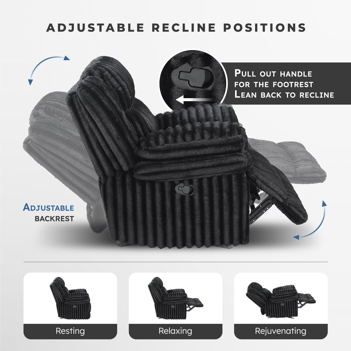 Lexicon Manual Glider Recliner Chair, Corduroy Manual Tab Pull Reclining Chair with Pillow Top Arms, Plush Cushions, Cozy Theater-Style Accent for Living Room/Bedroom, Easy Assembly, Black