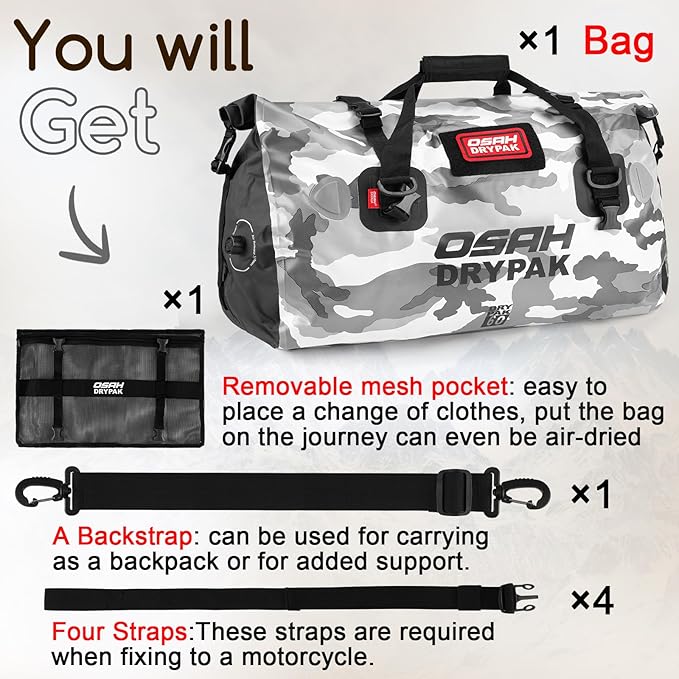 Waterproof Duffel Bag - Motorcycle Dry Bag Tail Bag with Large Storage Space, Waterproof Luggage Duffle Bags with Outer Mesh Zipper Pocket for Camping, Kayaking, Fishing & Traveling