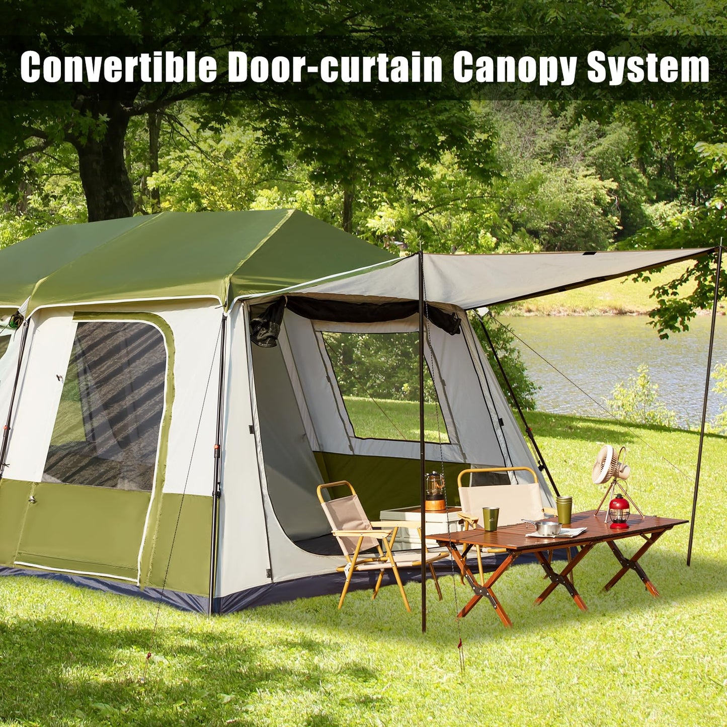 YOLENY Instant Cabin Tent, 4-8 Person Pop-Up Tent for Camping, Spacious Interior-14' x 9', 3000mm Water-Resistant with Rainfly, 2 Windows & 4 Doors, Green