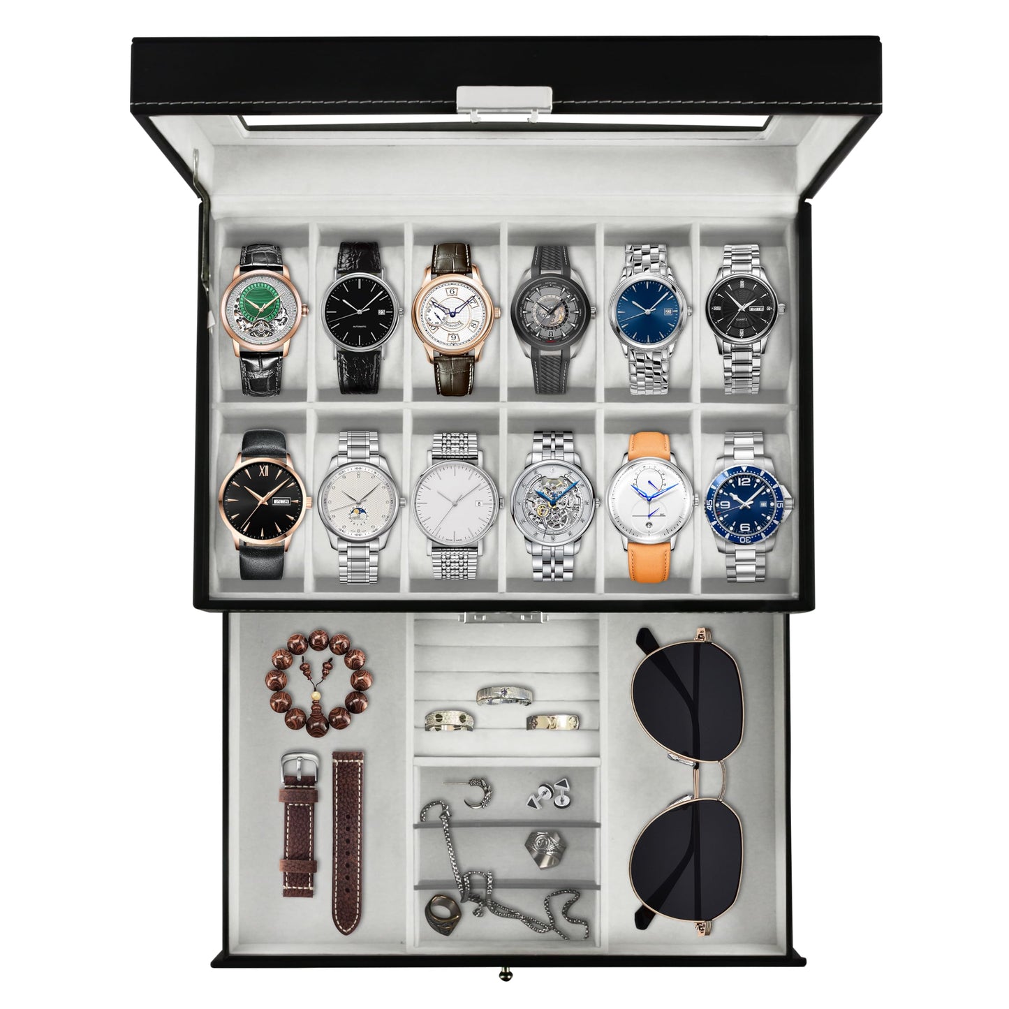 Ogrmar 12 Slot PU Leather Lockable Watch Storage Boxes, Men & Women Jewelry Display Drawer Case, 2-tier Organizer Watch Showcase with Glass Lid (Black)