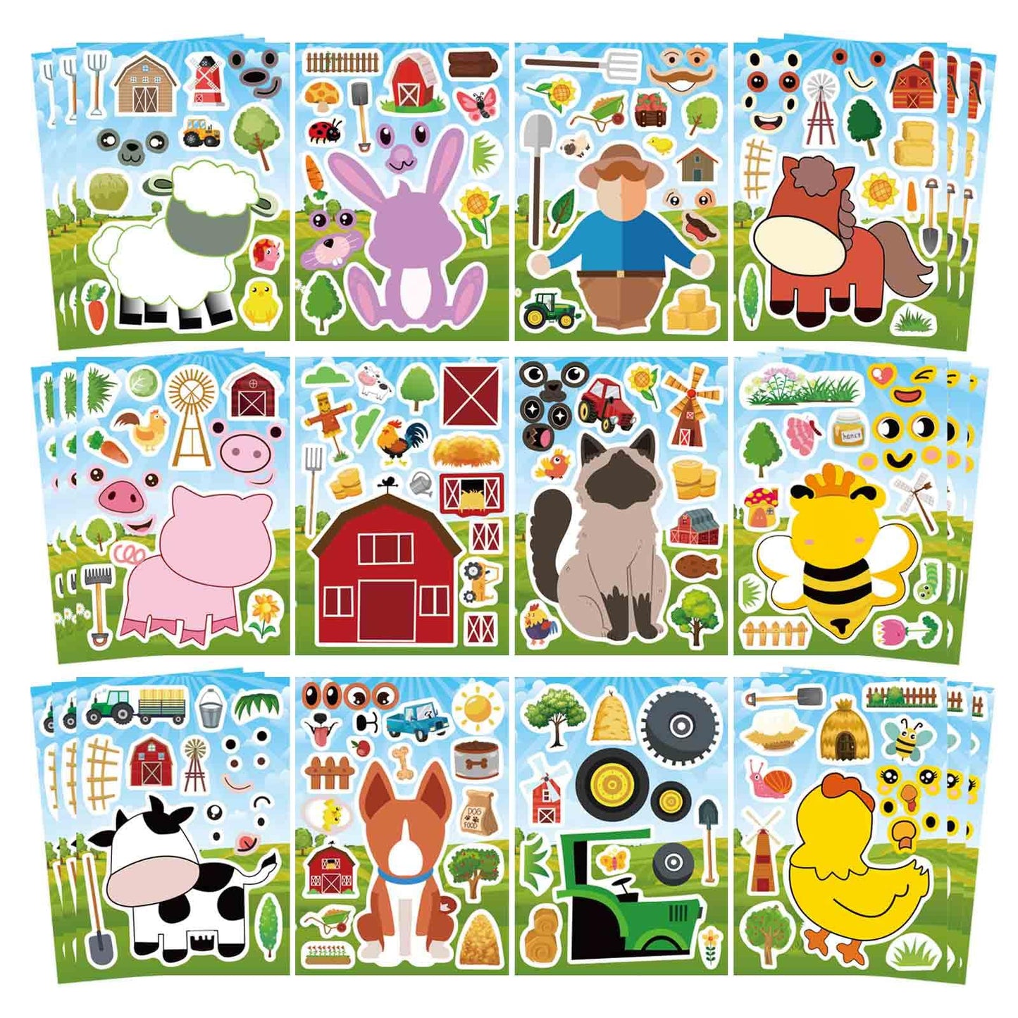 48 Sheets Make Your Own Stickers for Kids, Make a Farm Animal Face Sticker Sheets with Farm and Cute Animals for Kids Birthday Party Favors Supplies Teacher Reward