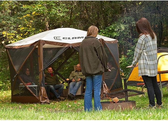 CLAM Pop Up Screen Tent & Shelter, Outdoor Camping Gazebo w/ 6 Wind Panels, 11.5', Brown