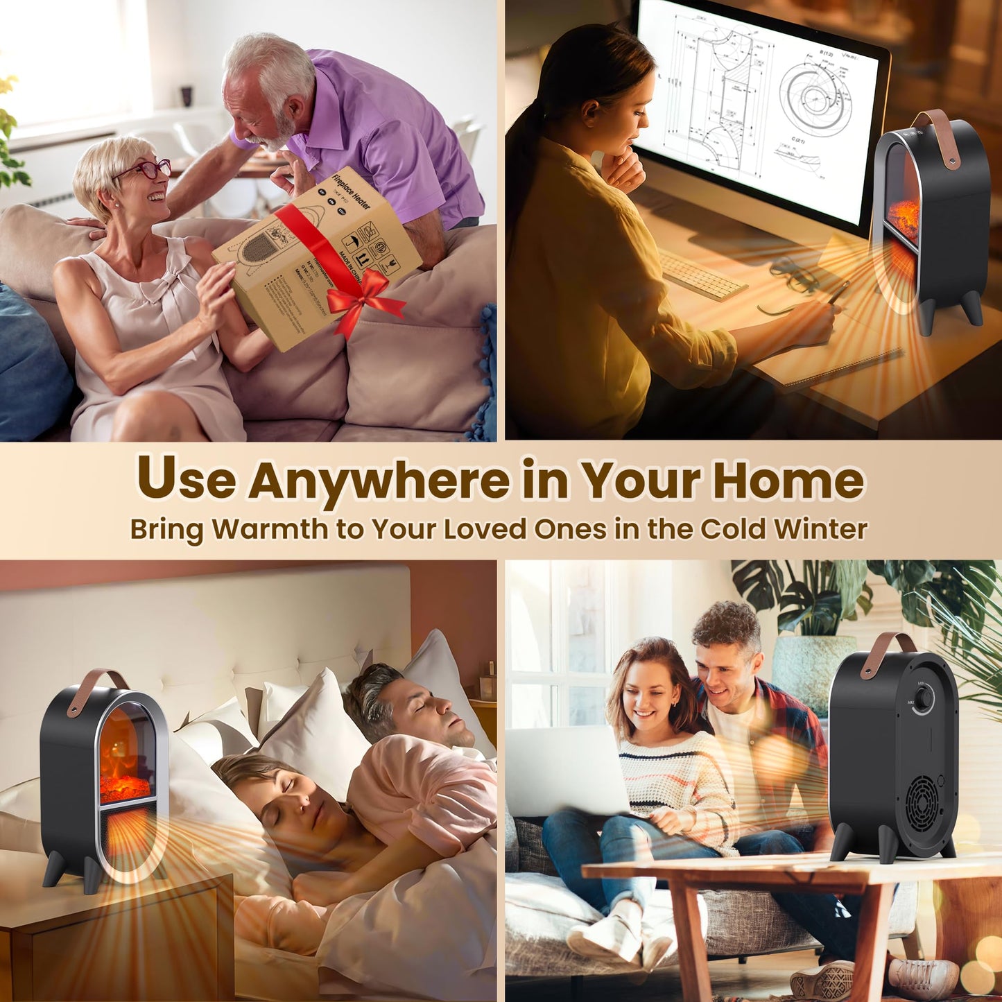 Riseon Small Space Heater for Indoor Use, 1500W/750W Portable Electric Fireplace Heater with 3D Flame, Ceramic Heating with Thermostat Overheat & Tipover Protection for Home Office Room Desk, Black