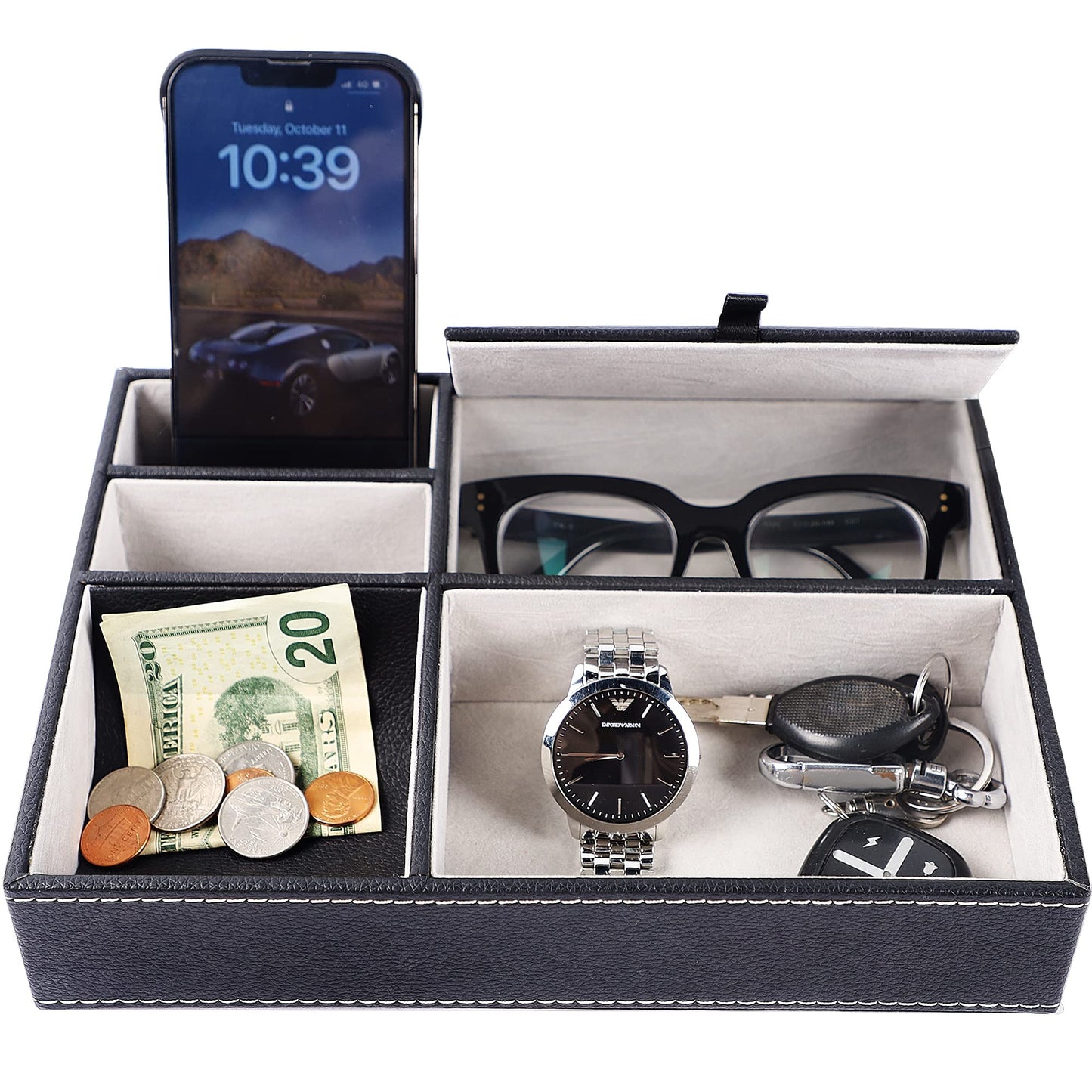 Zcaukya Men's Valet Tray, Jewelry Box Nightstand Organizer with 5 Compartments for Phone Keys Wallet Watch Glasses (1 Pack - Black)