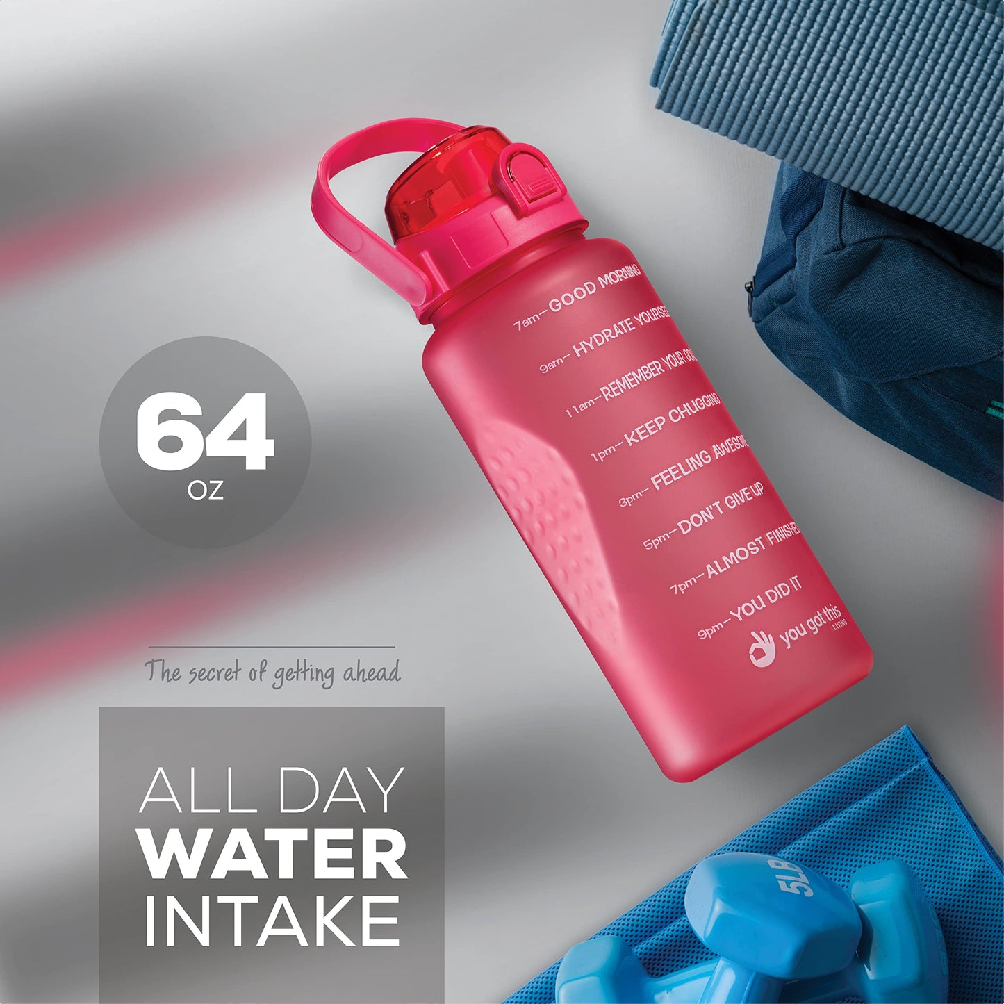 YOU GOT THIS LIVING Motivational Water Bottle with Time Marker,Half Gallon Water bottle with Straw 64 oz/2.2L Gym Water Bottle, Achieve All-Day Hydration SpillProof, BPA FREE