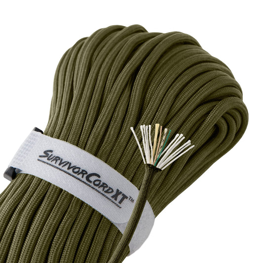 1,000 LB SurvivorCord XT Paracord | Made and Patented in The USA | Heavy Duty Paracord 750 Type IV Military Grade with Kevlar Line, 25 lb Fishing Line, Waterproof Firestarter. 100 FT Hank, Olive-DRAB