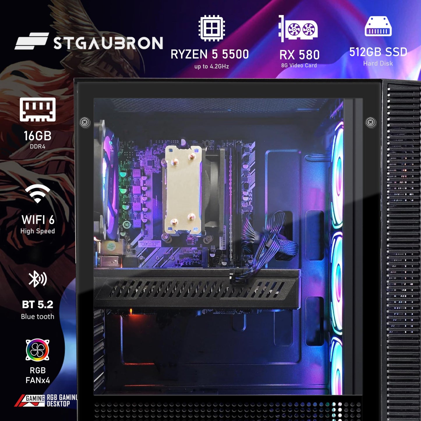 STGAubron Gaming PC Computer Desktop,AMD Ryzen 5 5500 up to 4.2GHz, Radeon RX 580 8G, 16G DDR4, 512G SSD, WiFi 6 5G & BT 5.2, RGB Fan x4, Windows 11 Home
