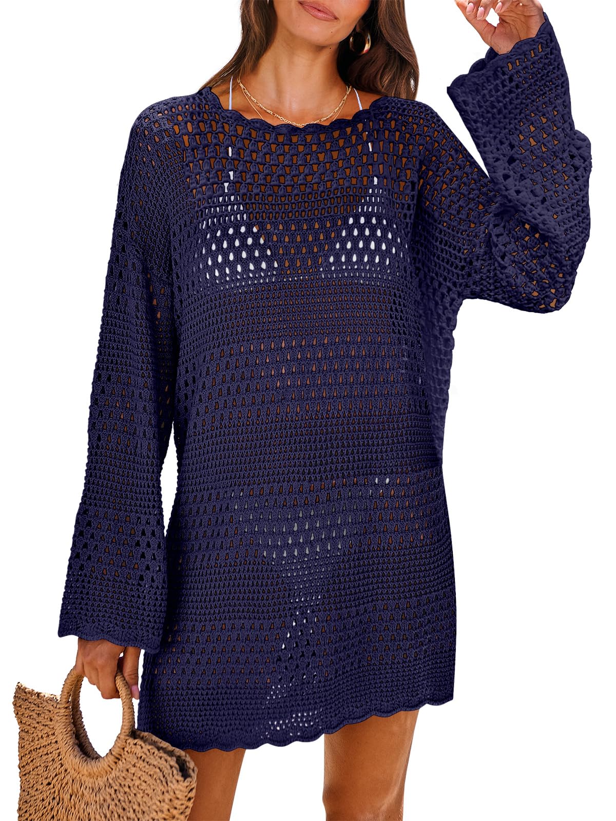 ANRABESS Women Swimsuit Crochet Swim Cover Up 2024 Summer Bathing Suit Swimwear Mesh Knit Beach Dress Vacation Outfits Navy Blue Small