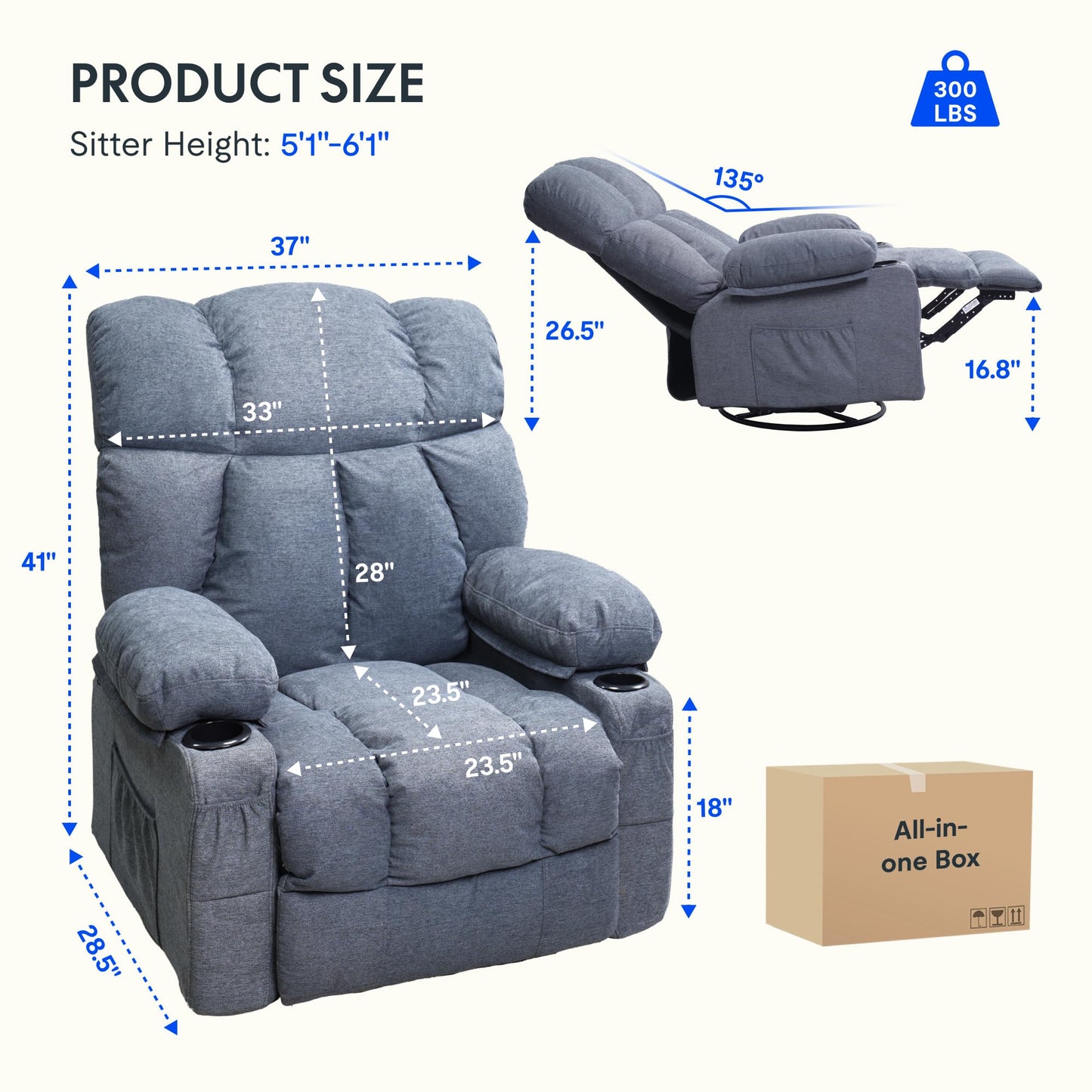 FLEXISPOT 360° Swivel Rocker Recliner, Oversized Massage Rocker Recliner Chair with Heating, Cup Holders, USB Charging Port, Swivel Glider Sofa for Living Room Nursery, Blue (XRC3)