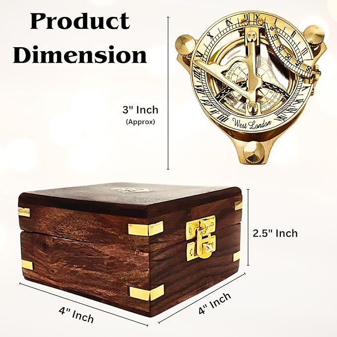 Antique Brass & Copper Sundial Compass, Sundial Clock in Box Gift Sun Clock Ship Replica Watch, Nautical Gifts for Men, Unique Nautical Decor, Naval Maritime Sundial (#3 Golden Sundial)