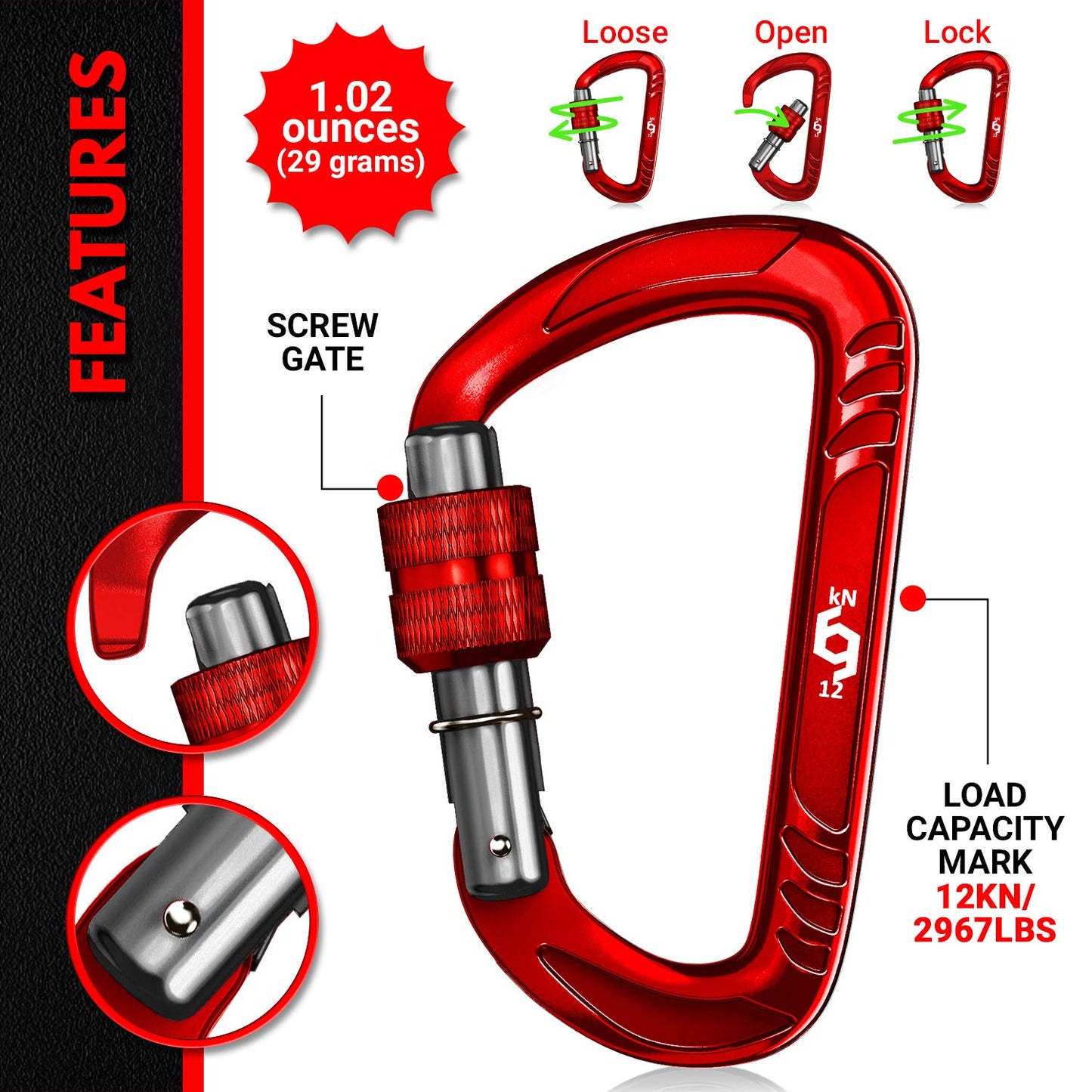 RHINO Produxs 2PCS of 12kN (2697 lbs) Heavy Duty Lightweight Locking Carabiner Clips - Excellent for Securing Pets, Outdoor, Camping, Hiking, Hammock, Dog Leash Harness, Keychains, Water Bottle