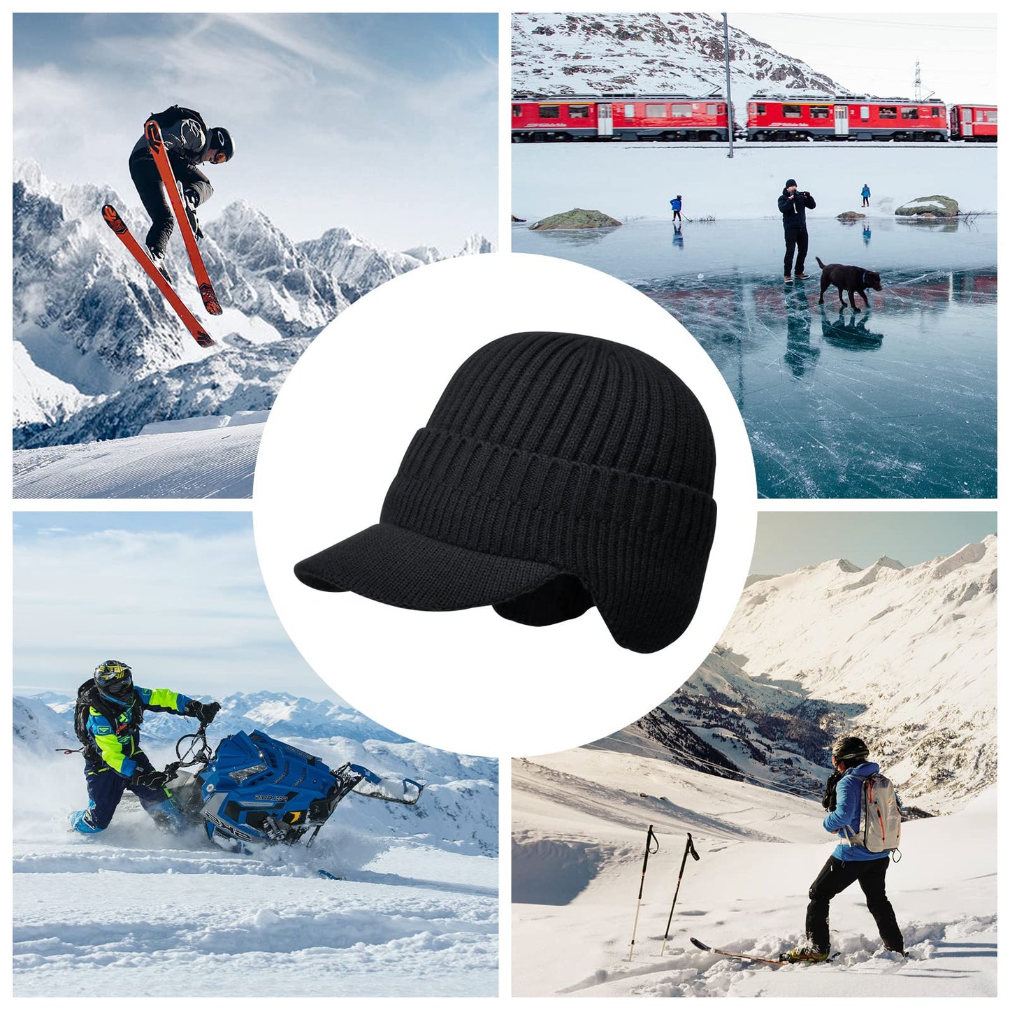 AkiiGer Men's Winter Hat with Brim 2 Pack, Warm Earflaps Hat for Men, Thick Fleece Lined Knit Beanie Outdoor
