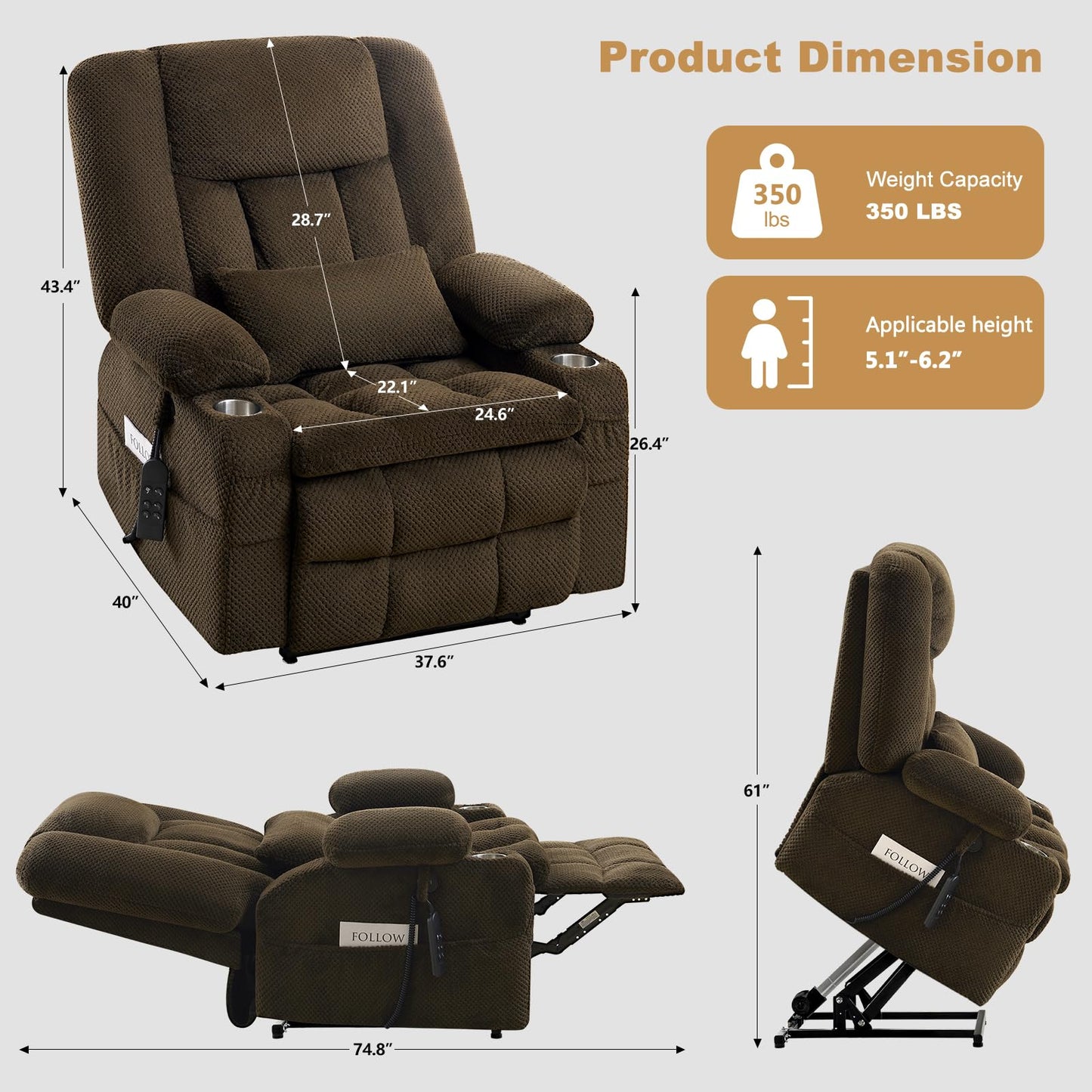 Madaha Electric Power Large Lift Recliner Chair Sofa with Massage and Heat for Elderly, Oversized Lay Flat Dual Motor Infinite Position Recliner Chair, Side Pockets, Cup Holders, USB Ports (Brown)