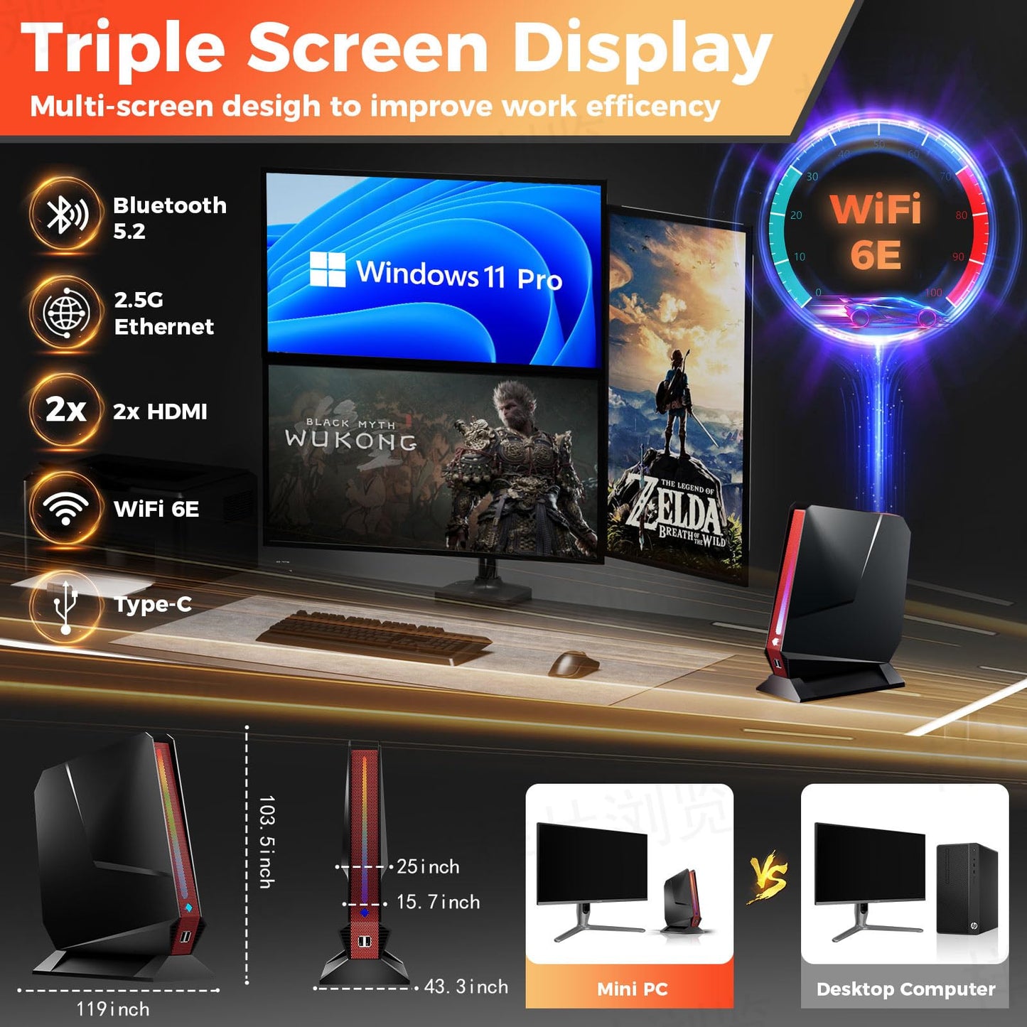 Mini Gaming PC, Intel 13Th Gen Core i9-13900HK, NVIDIA RTX 4060 Discrete Graphics Mini Desktop Computer, 32GB DDR5 RAM, 1TB PCIe G4x4 NVMe SSD, RGB Lights, Triple Display, WiFi 6E BT 5.3, Win 11 Pro