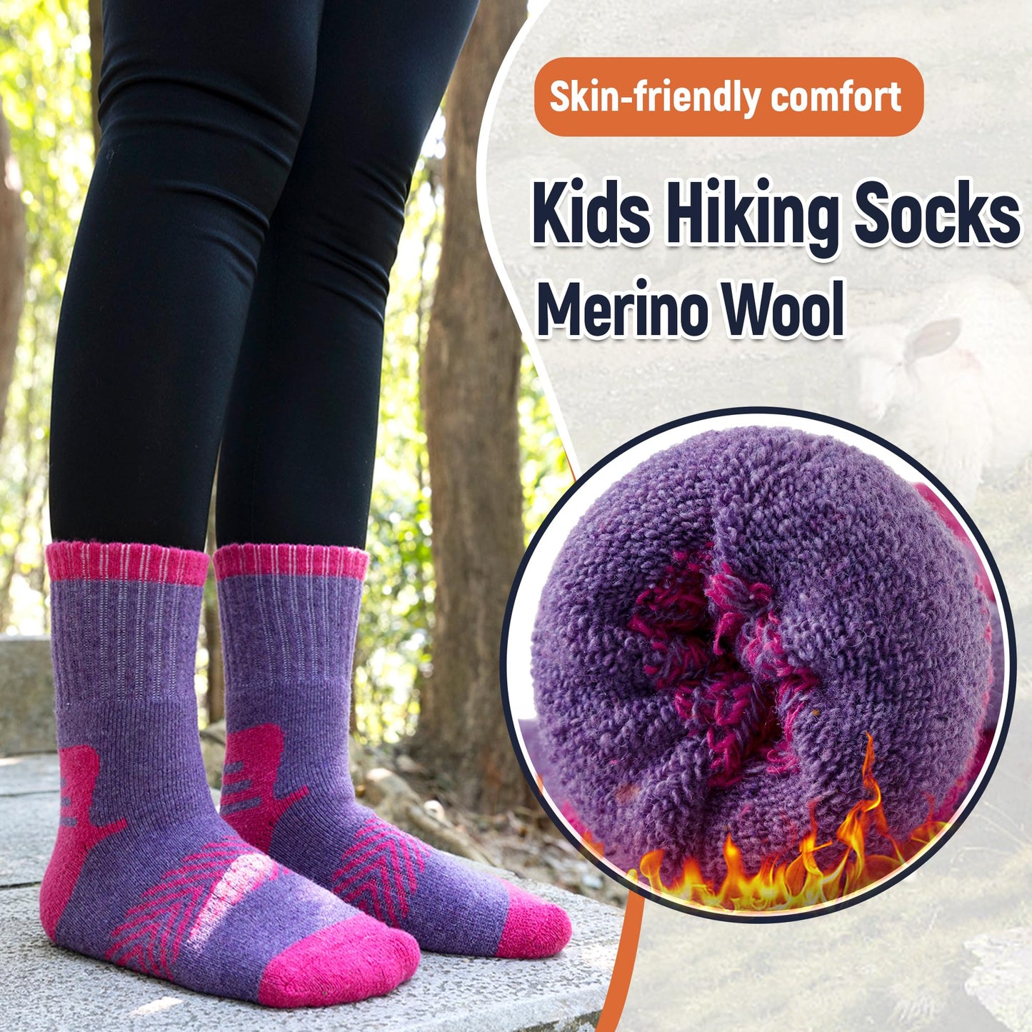 AMENLAN Kids Merino Wool Hiking Socks Boy Girls Winter Thick Boot Cushion Warm Thermal Crew Socks 6 Pairs (Colorful Stripes,13-15 Years)