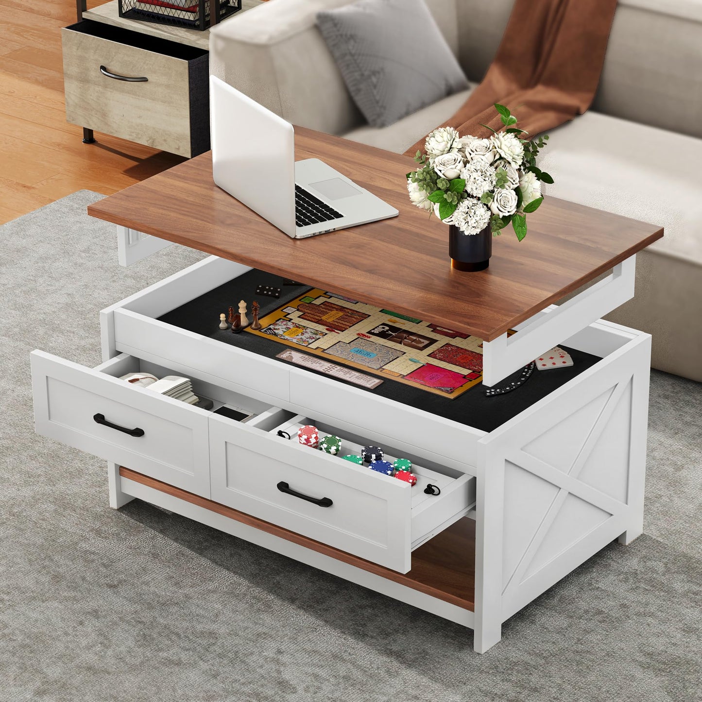 DWVO Farmhouse Coffee Table: 3-in-1 Board Game Center with Removable Top, 4-Drawer Puzzle Station & Built-in Power Outlet, Living Room Furniture with Play Mat (Walnut)