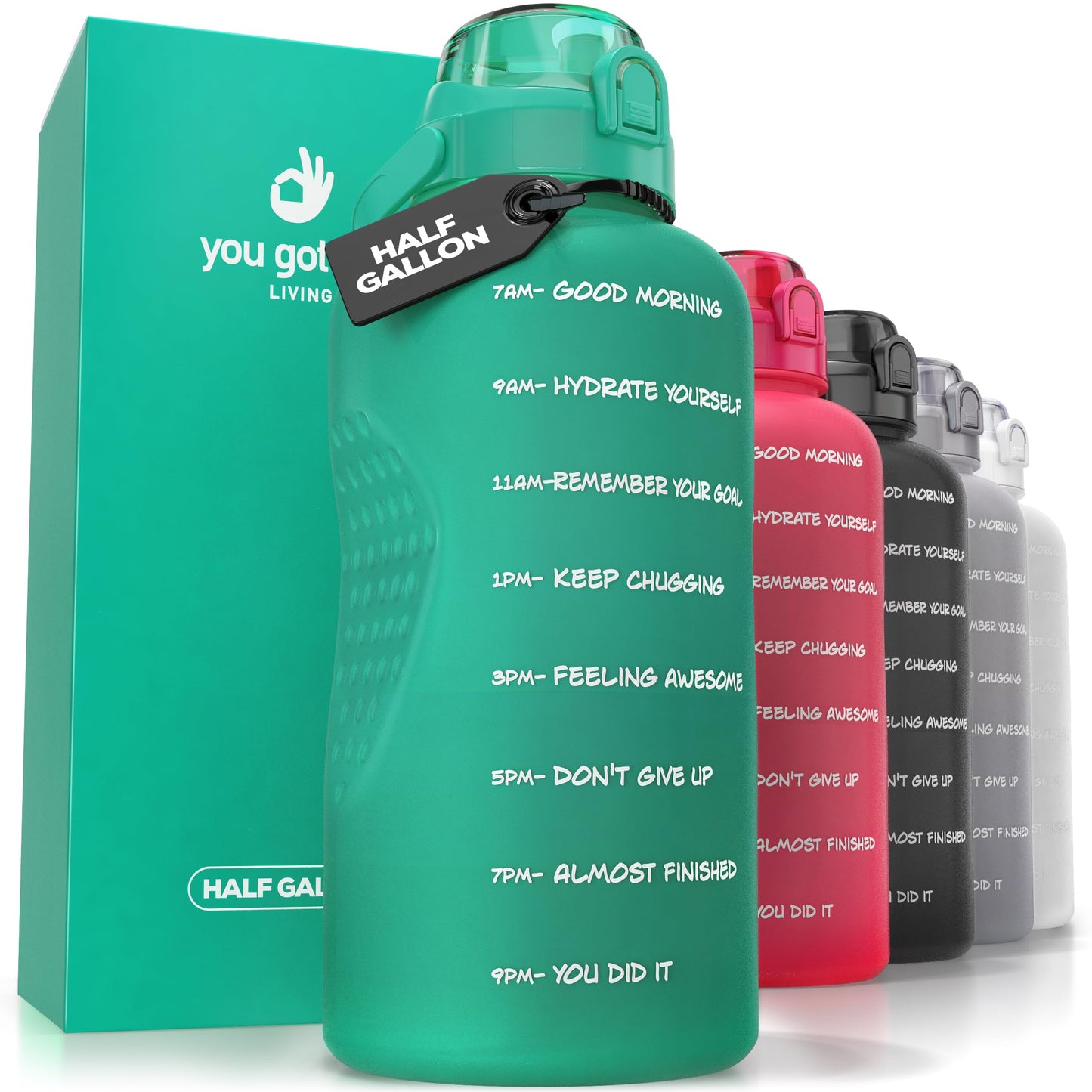 YOU GOT THIS LIVING Motivational Water Bottle with Time Marker,Half Gallon Water bottle with Straw 64 oz/2.2L Gym Water Bottle, Achieve All-Day Hydration SpillProof, BPA FREE