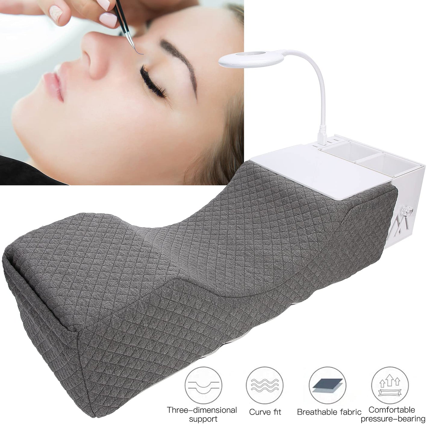 Akozon Eyelash Extension Neck Pillow Acrylic Grafting Soft Sponge Shelf Organizer Stand LED Light Set with Beauty Salon Pillow for Lash Eyelash Lash Curve Pillow Neck Contour Pillow