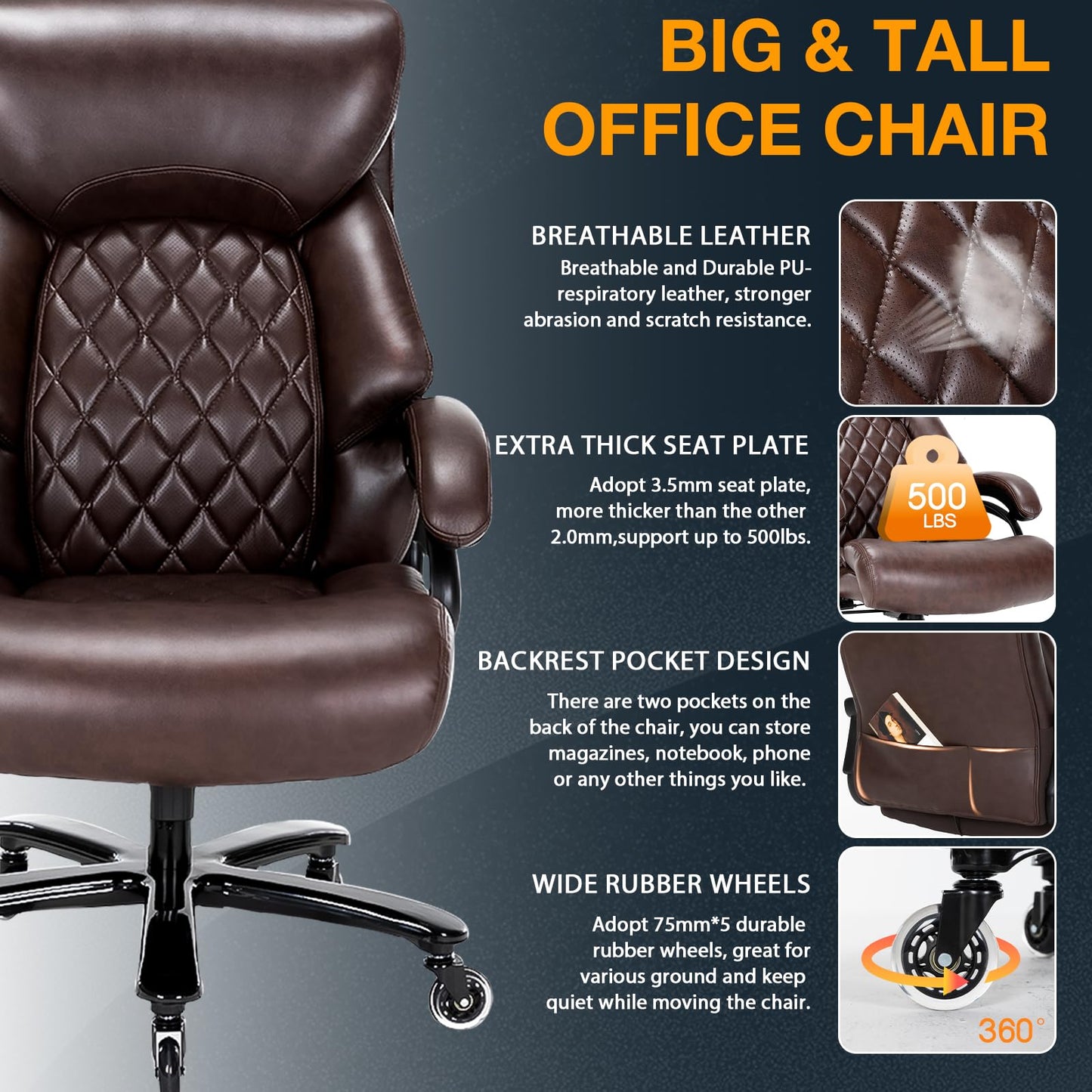 Big and Tall Office Chair for Heavy People, 500LBS High Back Extra Wide Heavy Duty Executive Office Chair Comfortable for Home Office, Large Computer Desk Chair with Adjustable Lumbar Support Brown