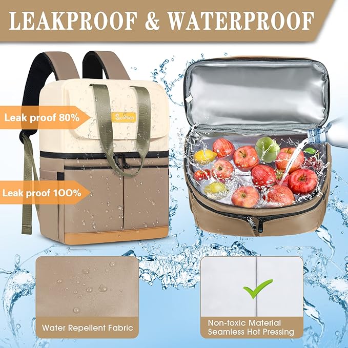 Backpack Cooler with Double Decker & 12 Ice Packs- Keeps 36 Cans Cold for Up to 24 Hours- Waterproof & Leak Proof Insulated Cooler Backpack- Stylish Cooler Bookbag for Women Travel Work Beach