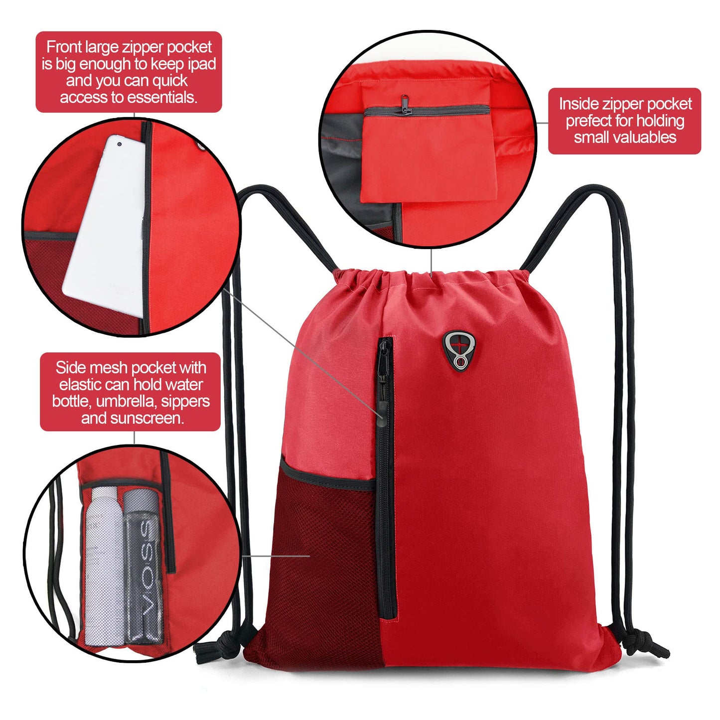 BeeGreen Red Lightweight Drawstring Backpack For Women W Water Bottle Pocket &Front Zippered Pocket Large Sports String Sackpack For Traveling Yoga Beach Outdoor Gym
