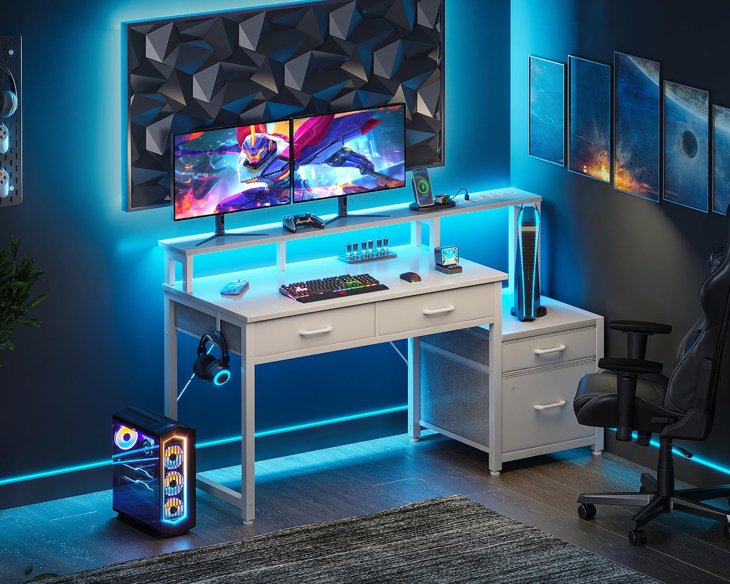 AODK Computer Desk with 4 Drawers, 48 Inch Reversible Desk with Led Lights & Power Outlet, Office Desk with File Drawer & Monitor Stand, Work Table for Home Office, White
