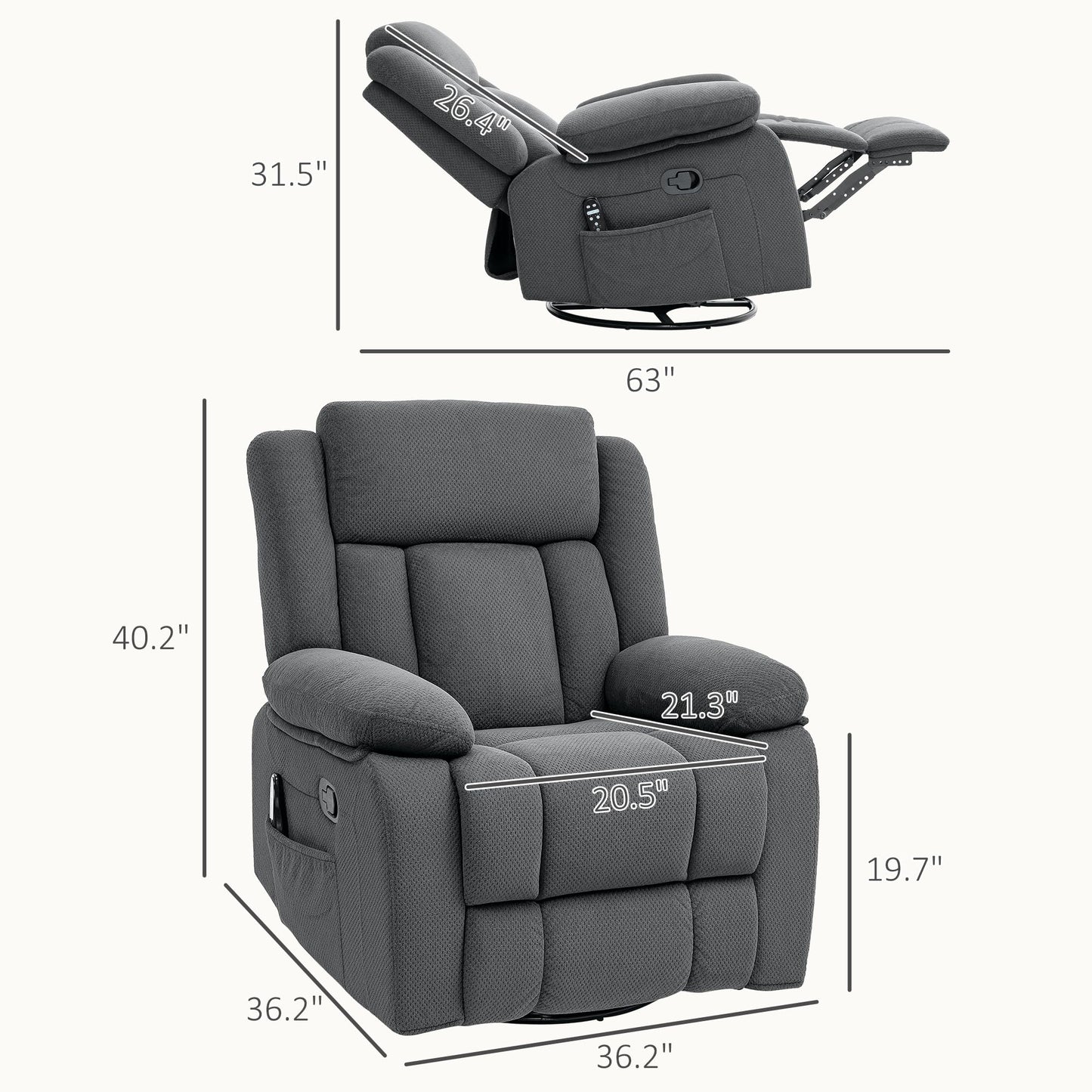 HOMCOM Recliner Chair with Vibration Massage and Heat, Oversized Swivel Rocker Single Sofa with Footrest, Remote and Side Pockets, Velvet Fabric Manual Reclining Chair for Living Room, Gray