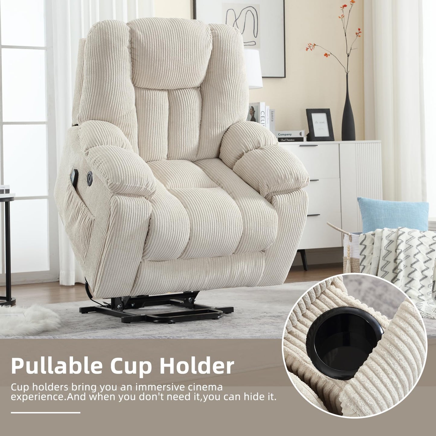CANMOV Power Lift Recliner Chair with Massage and Heat for Elderly, Overstuffed Wide Recliners, Heavy Duty and Safety Motion Reclining Mechanism with USB Ports, 2 Concealed Cup Holders, Beige