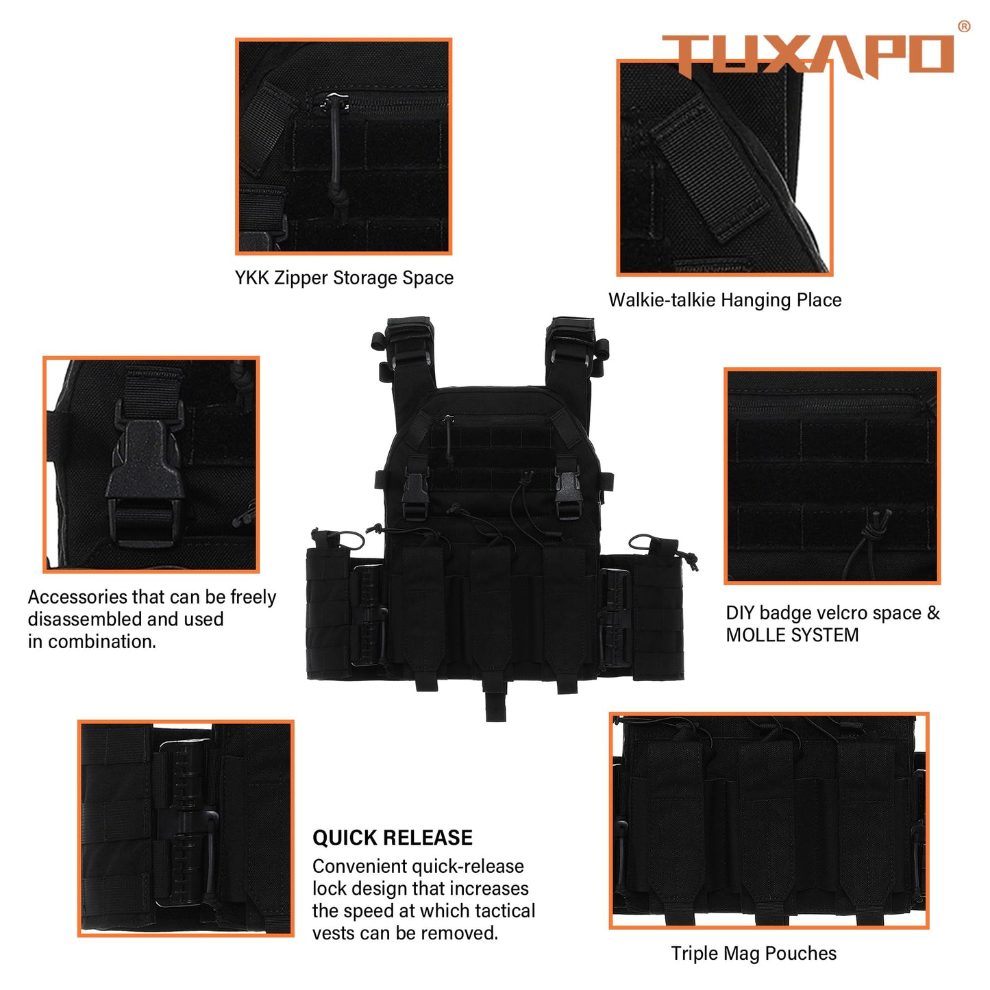 Tuxapo Tactical Molle Vests with Triple mag Pouch and Side Cummerbund Pouches, Quick Release Vests for Men