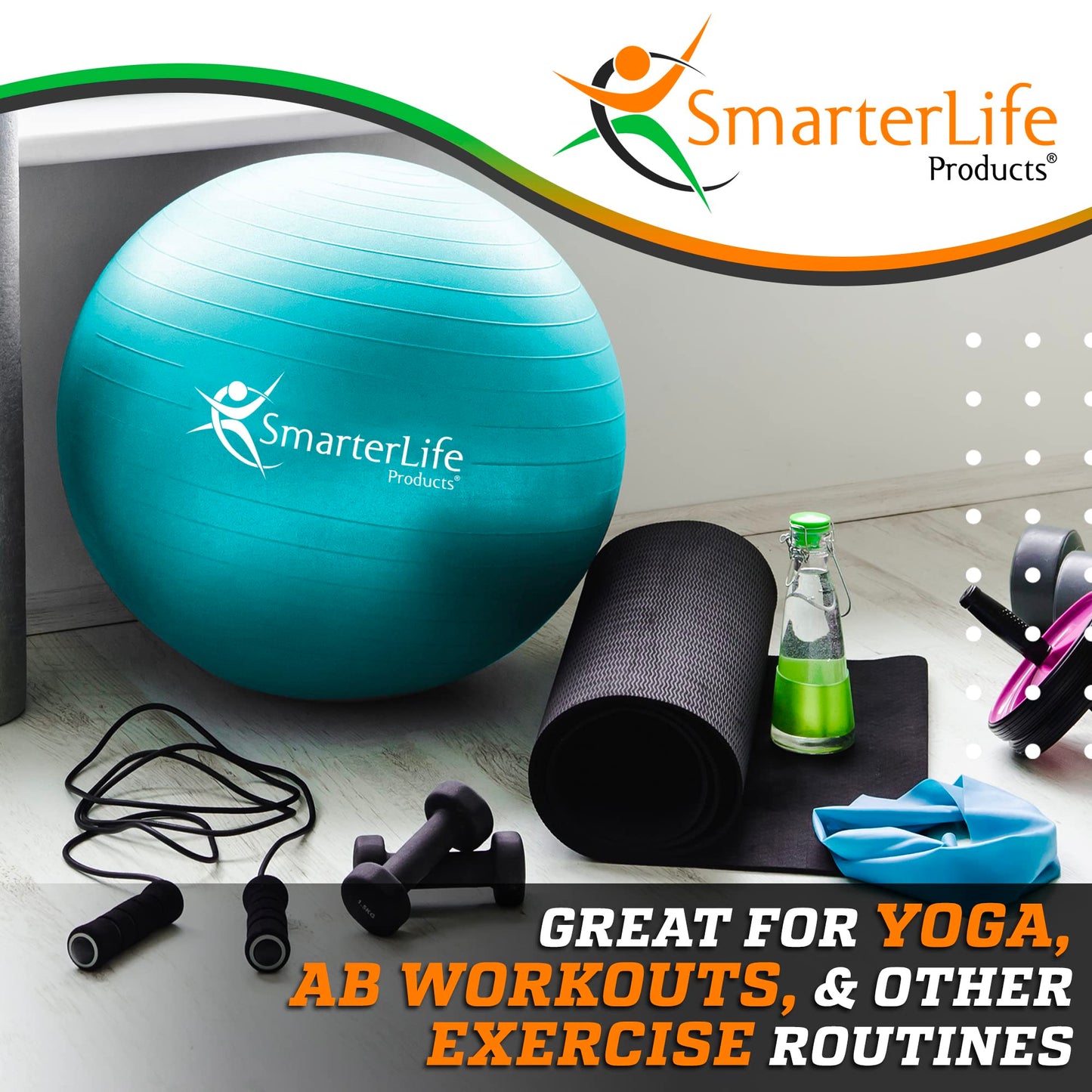 SmarterLife Workout Exercise Ball for Fitness, Yoga, Balance, Stability, or Birthing, Great as Yoga Ball Chair for Office or Exercise Gym Equipment for Home, No-Slip Design (45cm, Turquoise)