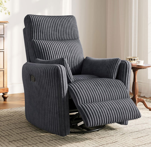 LINSY 360 Swivel Rocker Recliner - Corduroy Nursery Glider Rocking Chair with 2 Pillows, Comfy High Back Adult Recliner for Small Spaces, Nursery Bedroom Living Room Reclining Chairs (Grey)