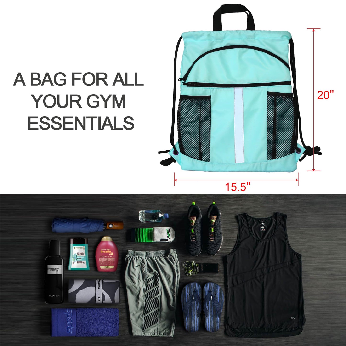 BeeGreen Mint Green Drawstring Backpack Bag with Shoe Compartment X-Large Gym Sports String Cinch Sackpack with Front Inside Zipper Pockets
