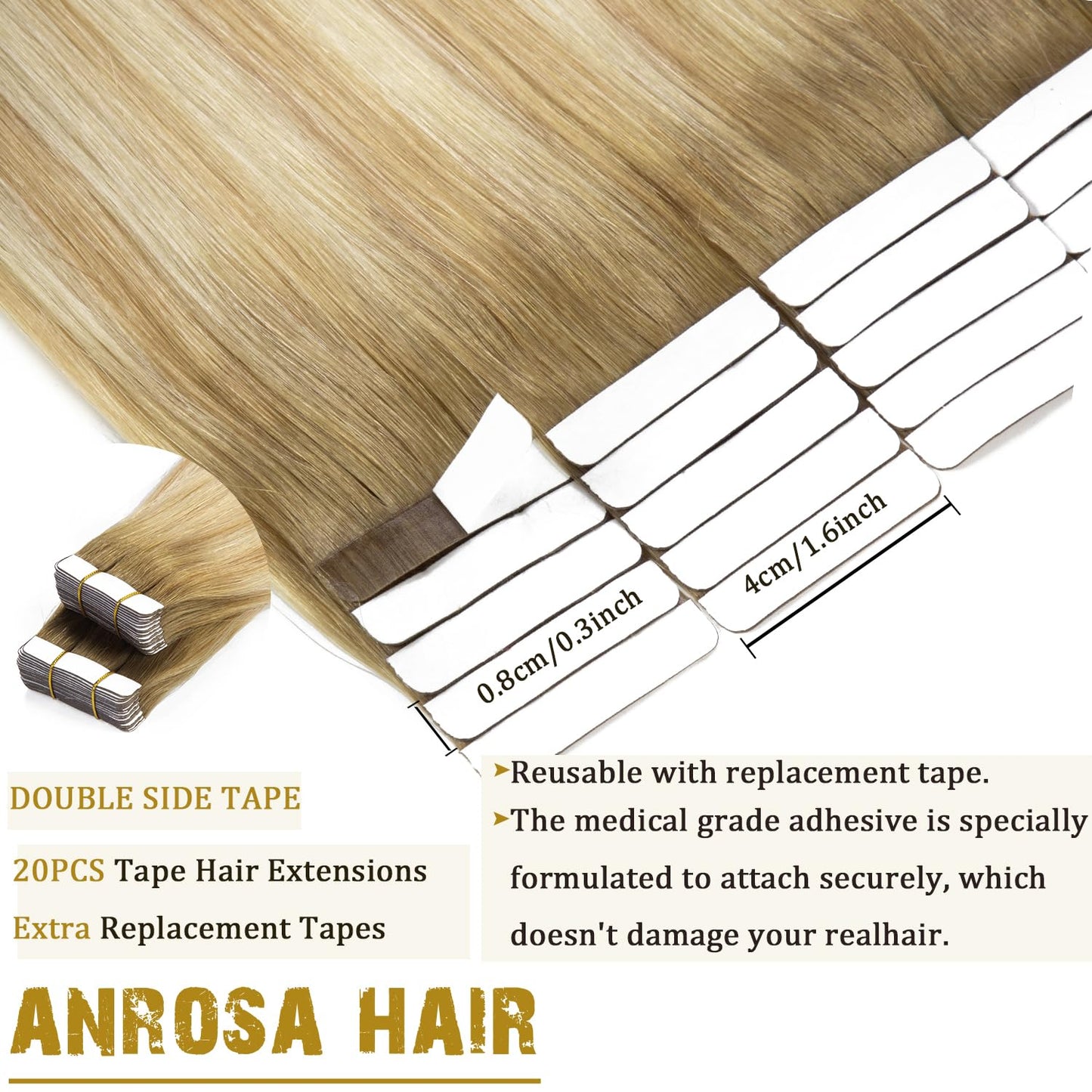 Anrosa Tape in Human Hair 14 Inch Balayage Seamless Tape On Hair Skin Weft Hair Extensions Color 8 Ash Brown Fading to 12 Dark Dirty Blonde Highlight 60 Platinum Straight Hair 50 Gram Brazilian Hair