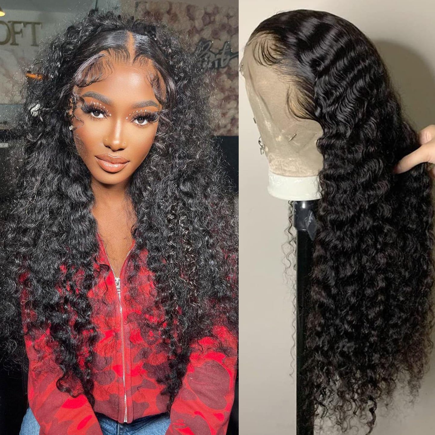 Aonou 13x4 Deep Wave Lace Front Wigs Human Hair Pre Plucked 180% Density HD Transparent Lace Closure Wigs Human Hair for Women 24 Inch Curly Frontal Wig Brazilian Virgin Human Hair (24 inch)