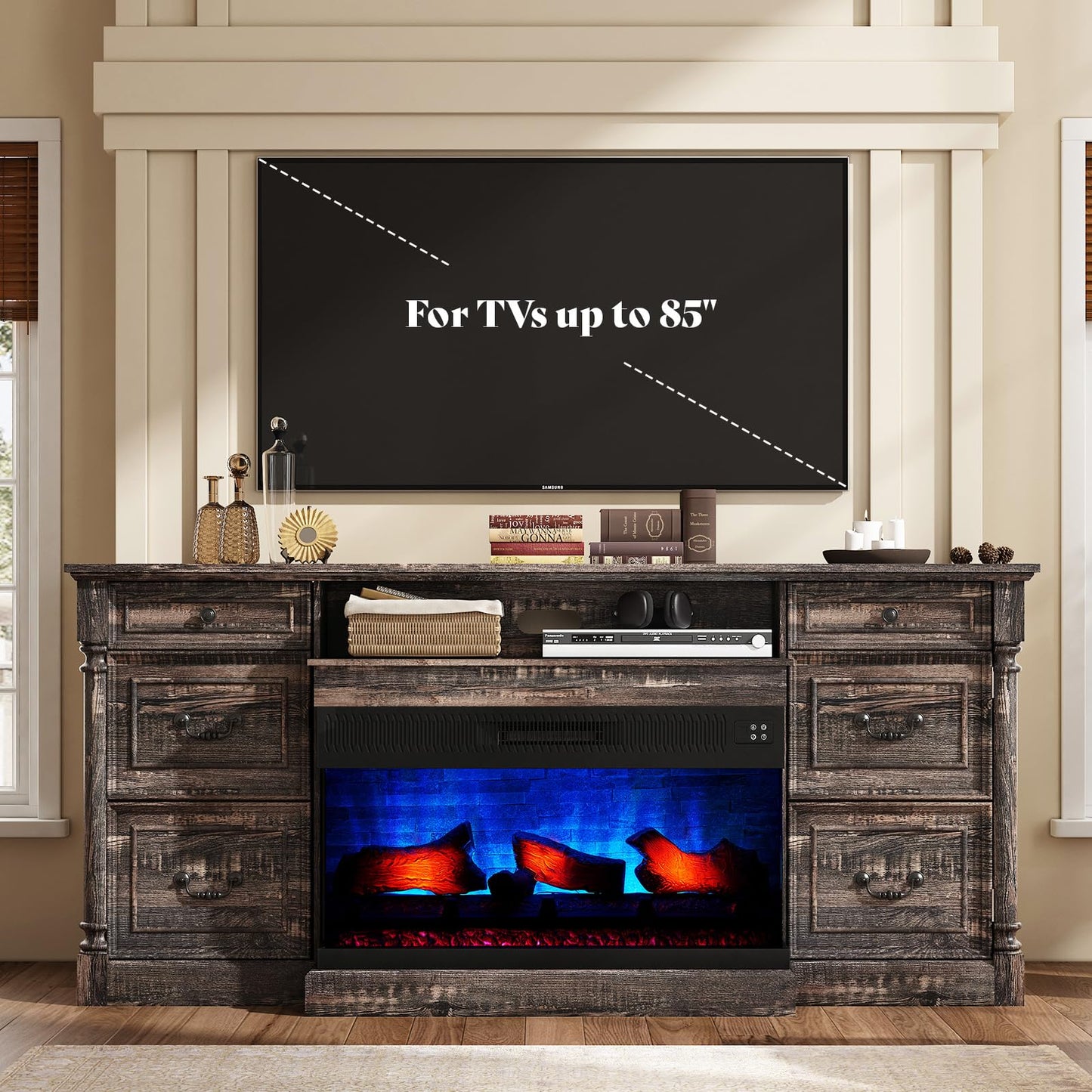 AMERLIFE 75" Fireplace TV Stand, Large TV Stand with 36" Fireplace, Farmhouse Entertainment Center with Solid Wood Roman Column, 2 Drawers & Cabinets Storage, for TVs up to 85", Dark Rustic Oak