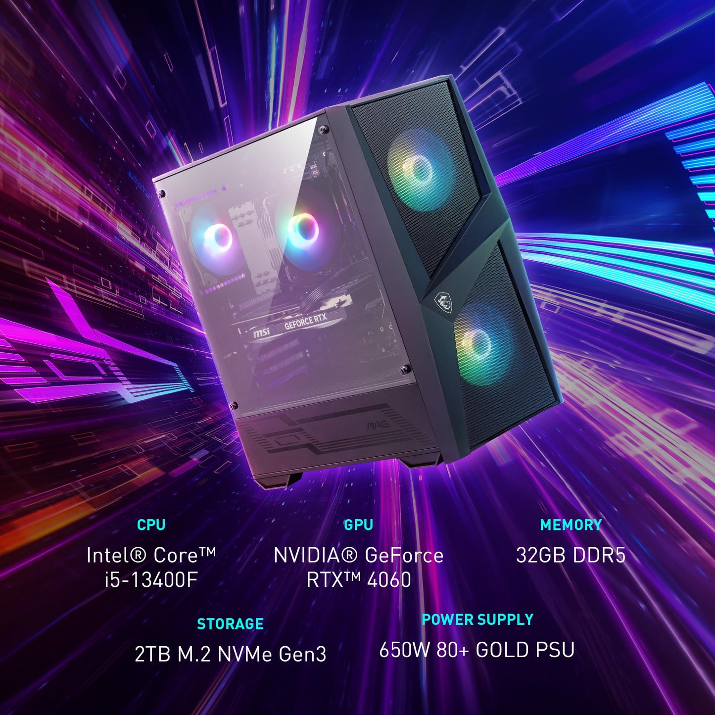 MSI Codex R Gaming Desktop: Intel Core i5-13400F, RTX 4060, 32GB DDR5, 2TB M.2 NVMe Gen3, RGB Fan Cooling, 650W 80+ Gold, Keyboard & Mouse, DIY Friendly, Windows 11 Pro: 13NUC5-068US,Black