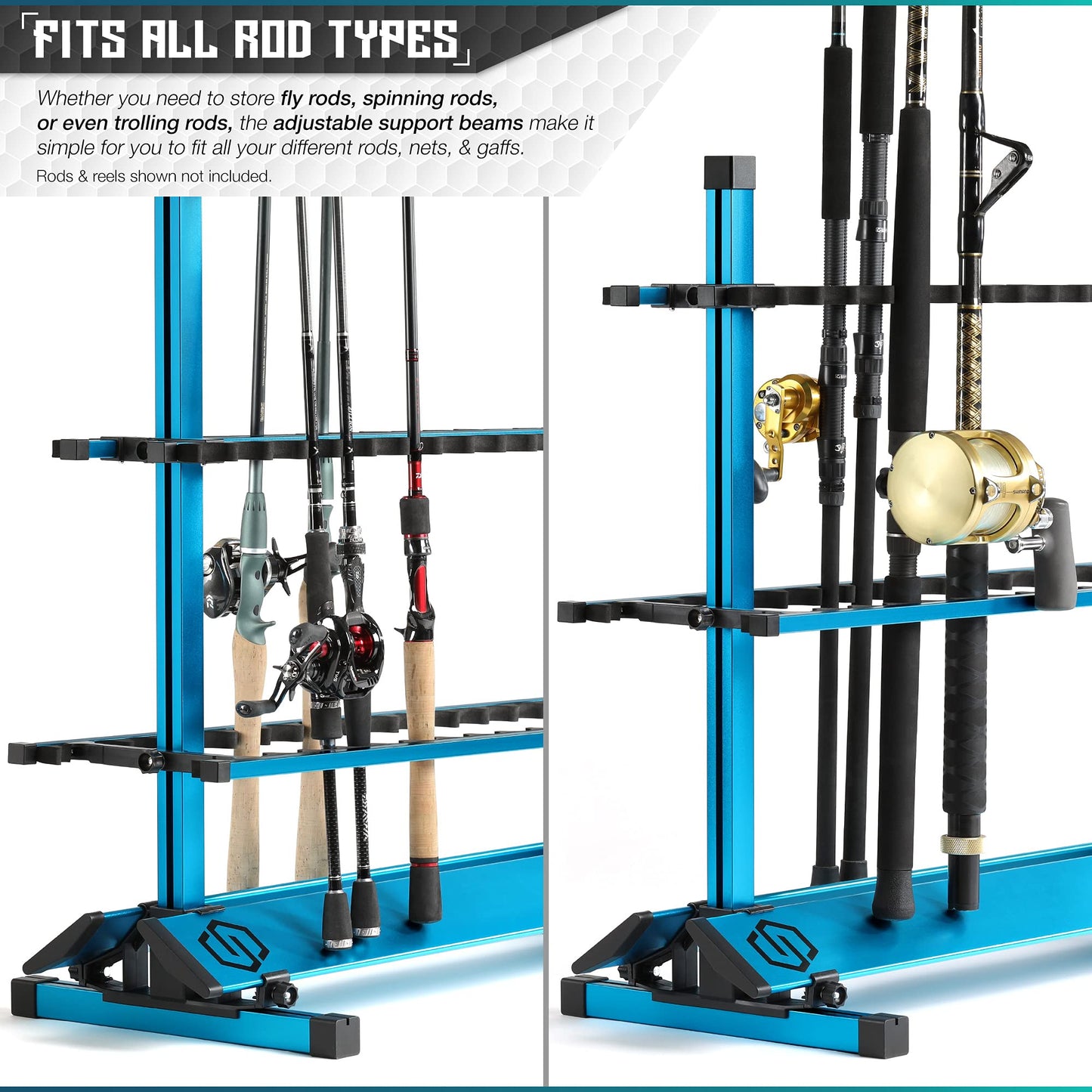 Savior Equipment Fishing Rod Rack Holder Organizer, Lightweight Aluminum Vertical Fish Pole Garage Storage Ground Display Stand, Hold Up to 24 Slots Fresh Salt Water Spinning Rods & Reel Combo, Blue