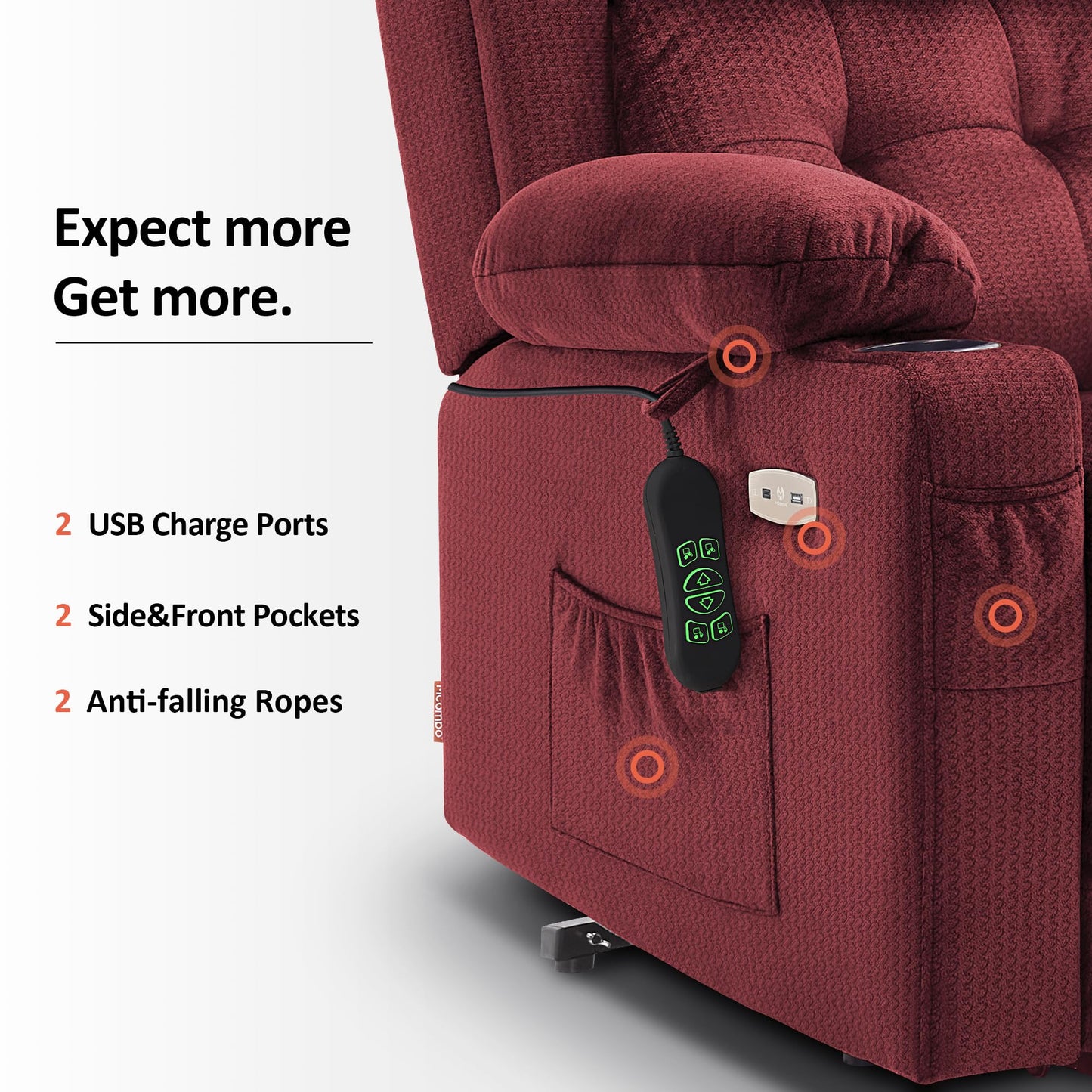 MCombo Small Triple Motor Power Lift Recliner Chair with Massage and Heat for Petite Elderly People, Adjustable Headrest, Infinite Position, USB Ports, Fabric 7664 (Burgundy, Small)