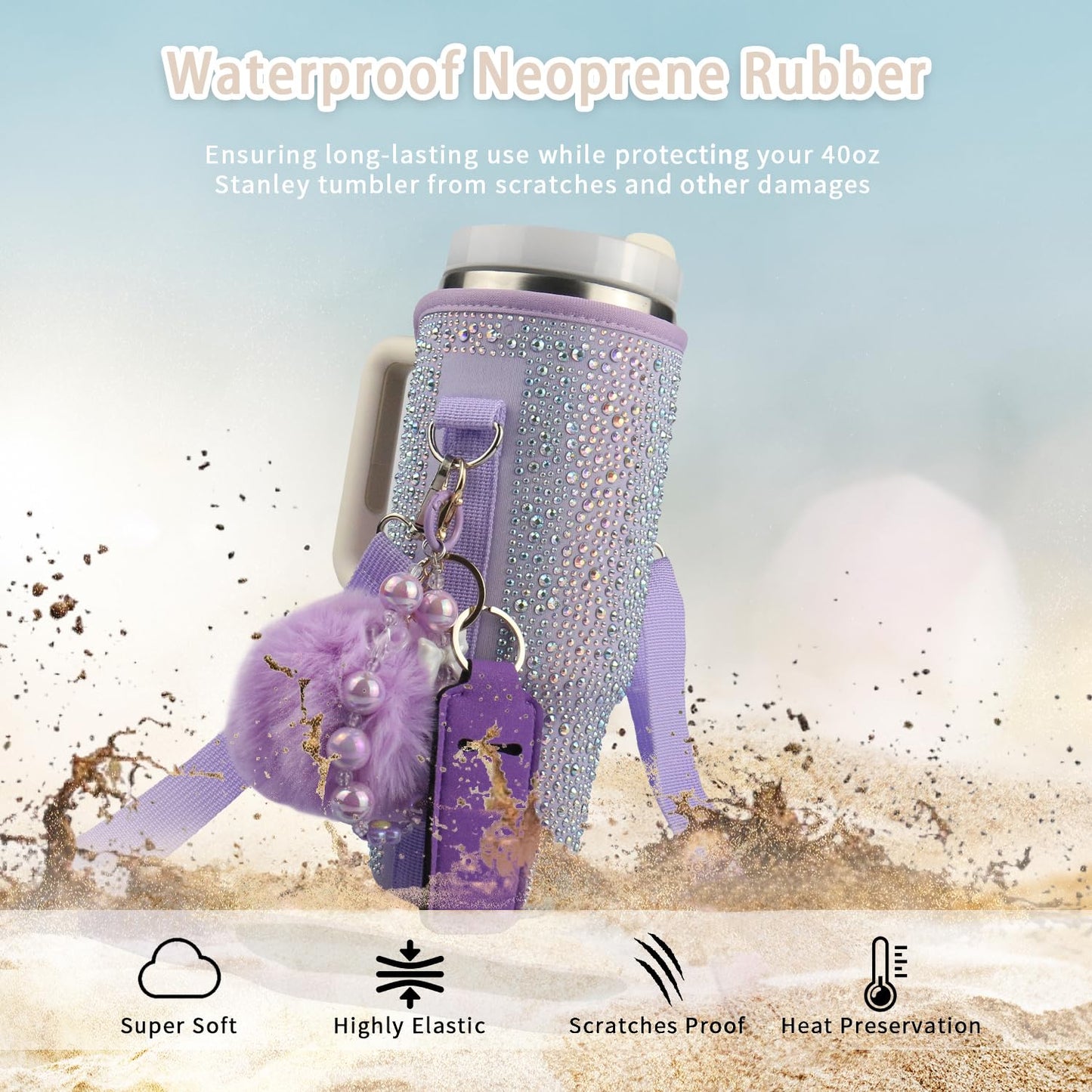 Water Bottle Carrier Bag for Stanley 40oz Tumbler - Stanley Cup Bag with Adjustable Strap, Straw Cover & Pompom Keychains - Stanley Cup Accessories, Purple Diamond