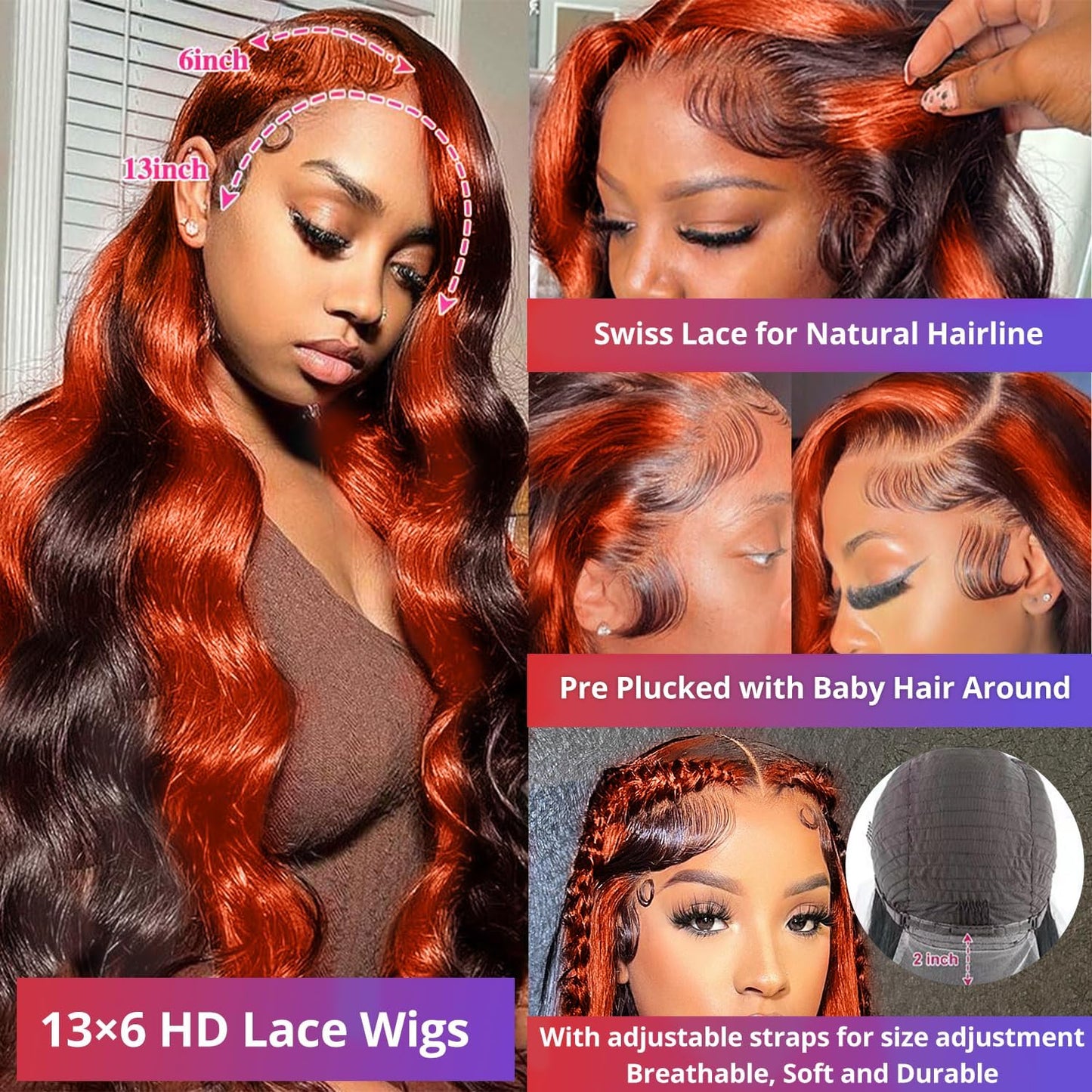 Daphernew 200% Density 13X6 Ginger Lace Front Wigs Human Hair Pre Plucked for Women Ombre 13X6 HD Transparent Ginger Orange wig Glueless Hightlight Lace Front Wigs Human Hair with Baby Hair 34Inch
