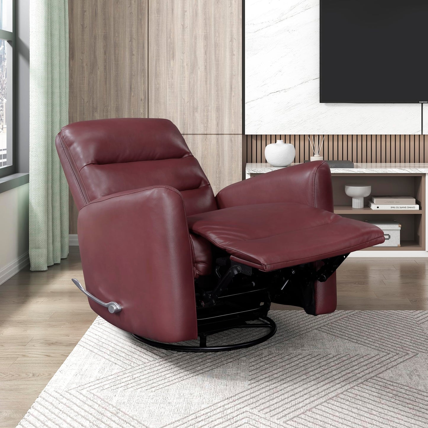 Lexicon Swivel Glider Recliner Chair, Comfy Nursery Glider, Faux Leather Recliner, Manual Reclining Chair for Living Room/Office/Apartment, Red