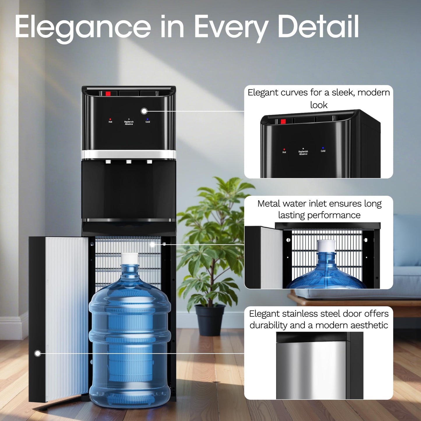 Manastin Bottom Loading Water Cooler Dispenser for 5 Gallon Bottles, Stainless Steel Water Cooler with 3 Temperature Settings - Hot, Cold & Room Water, Ideal Design for Home & Office, Jet Black
