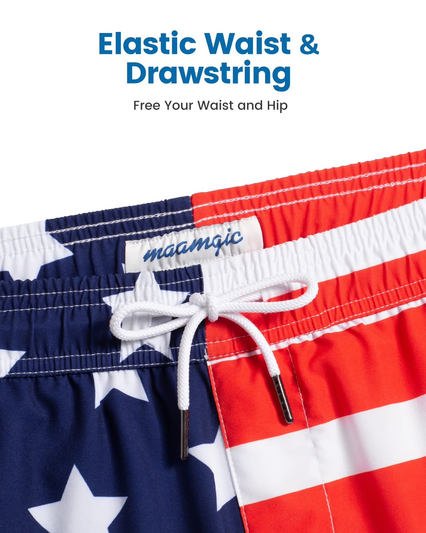 maamgic Mens Swim Trunks with Compression Liner 5" Stretch Athletic Swimming shorts Quick Dry with Zipper Pockets No-Chafing Board Shorts Half-Half American Flag XS