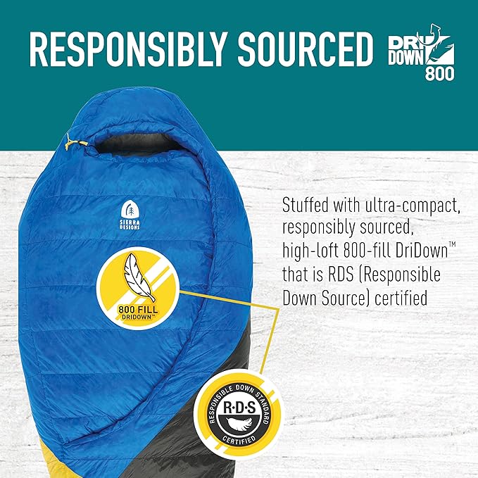 Sierra Designs Cloud 35 Degree DriDown Sleeping Bag Ultralight Zipperless Down Sleeping Bag for Backpacking and Camping
